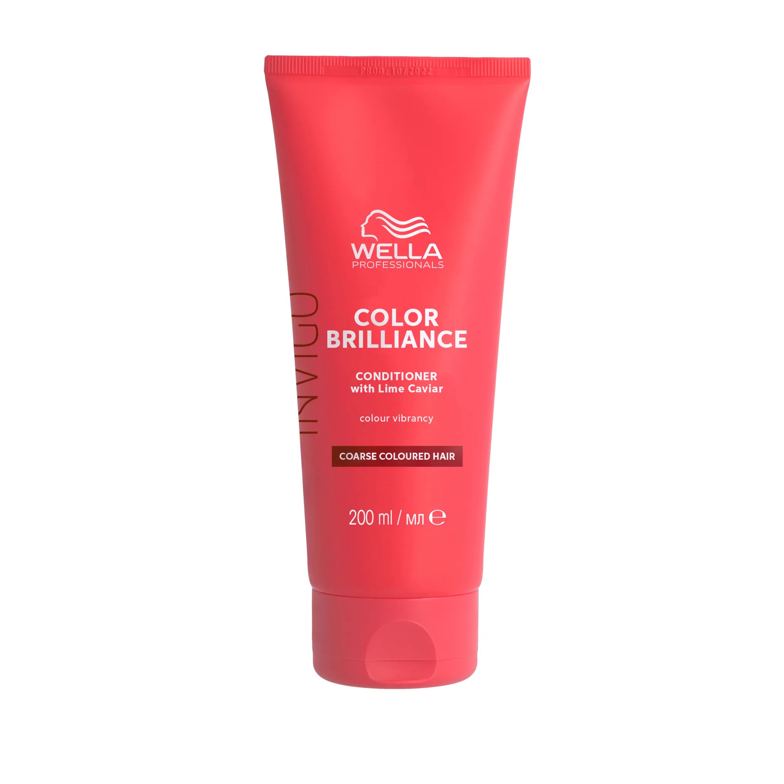 Packshot of Wella Professionals Invigo Brilliance Vibrant Color Conditioner for coarse hair - a red bottle with white font and a darker red Wella logo.