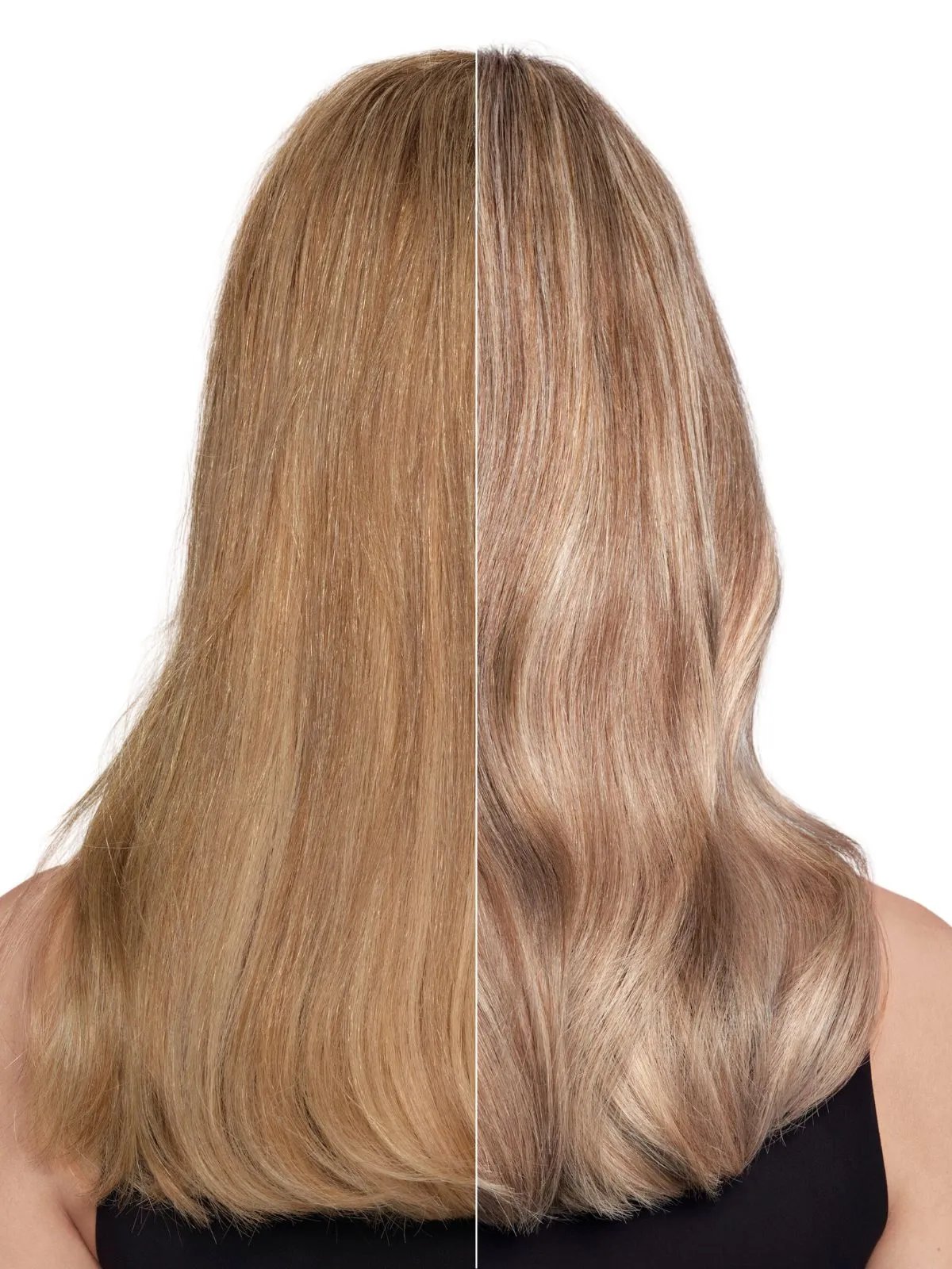Model’s straight, cashmere blonde hair looking cleaner and cooler after using ULTIMATE COLOR BLONDE.
