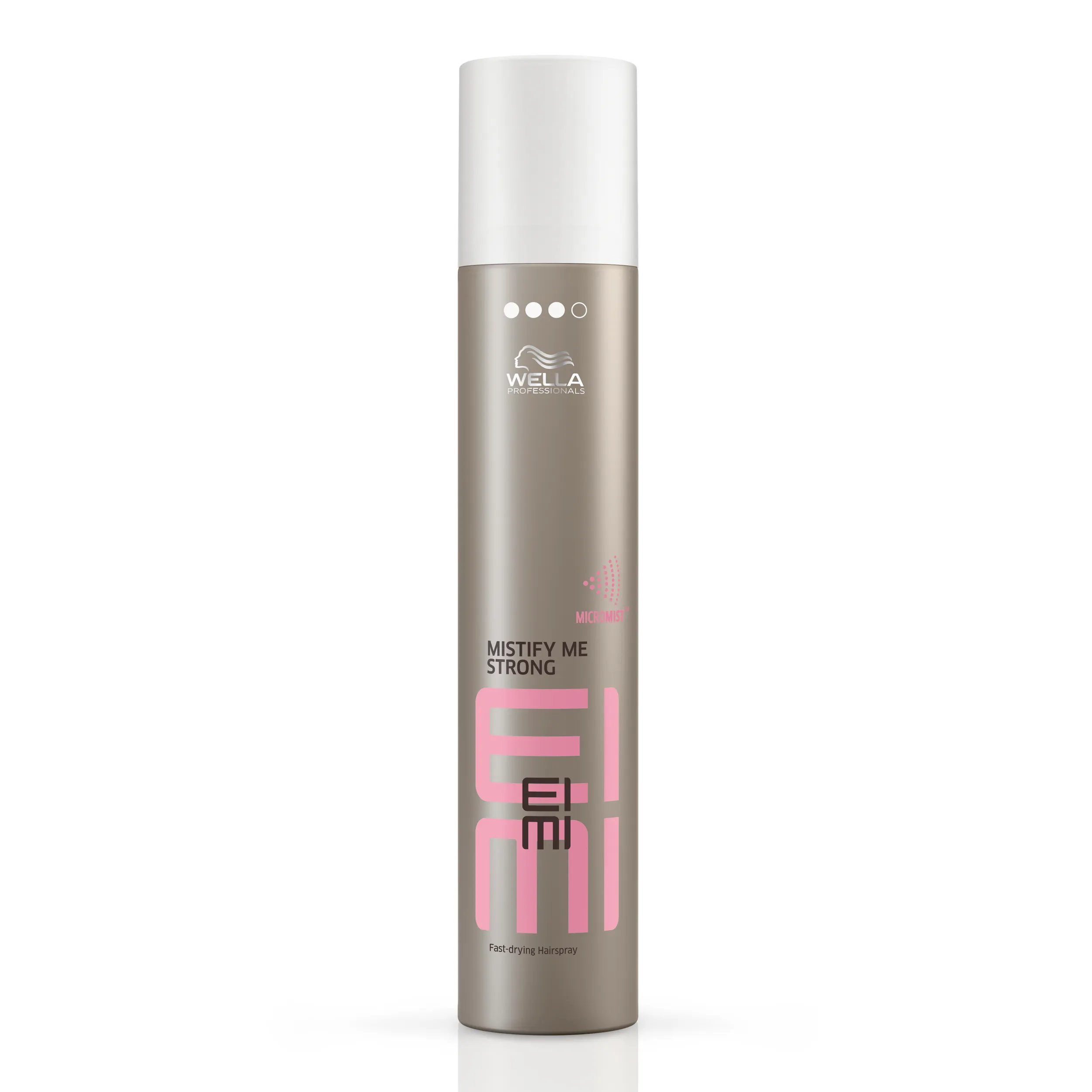 Packshot Wella EIMI Misitify Me Strong - un flacon argenté avec un couvercle blanc et le logo rose EIMI.
