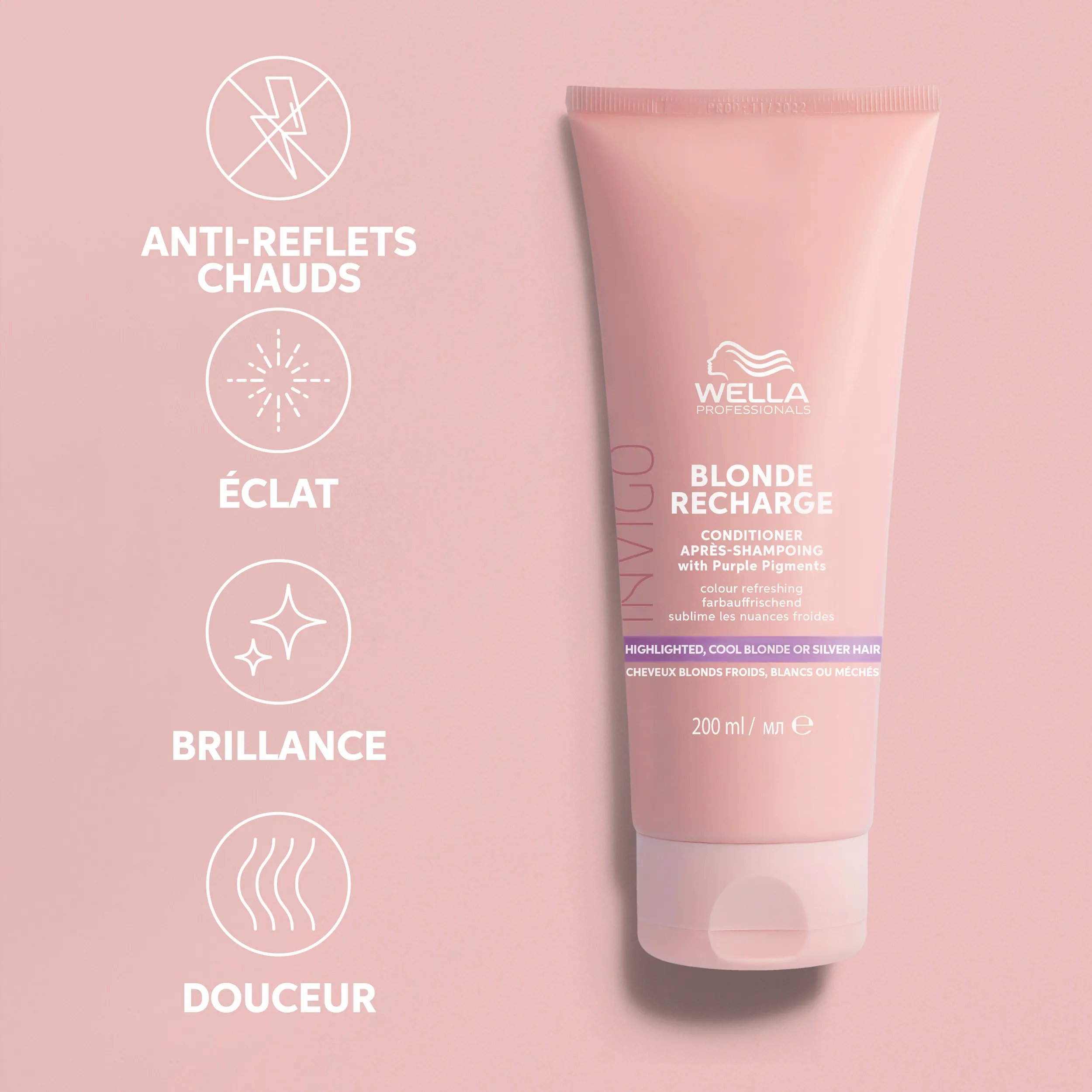 Texte décrivant les détails de la formulation ; doux pour les cheveux, formulé sans ingrédients d'origine animale, engagé mondialement à ne pas tester sur les animaux.
