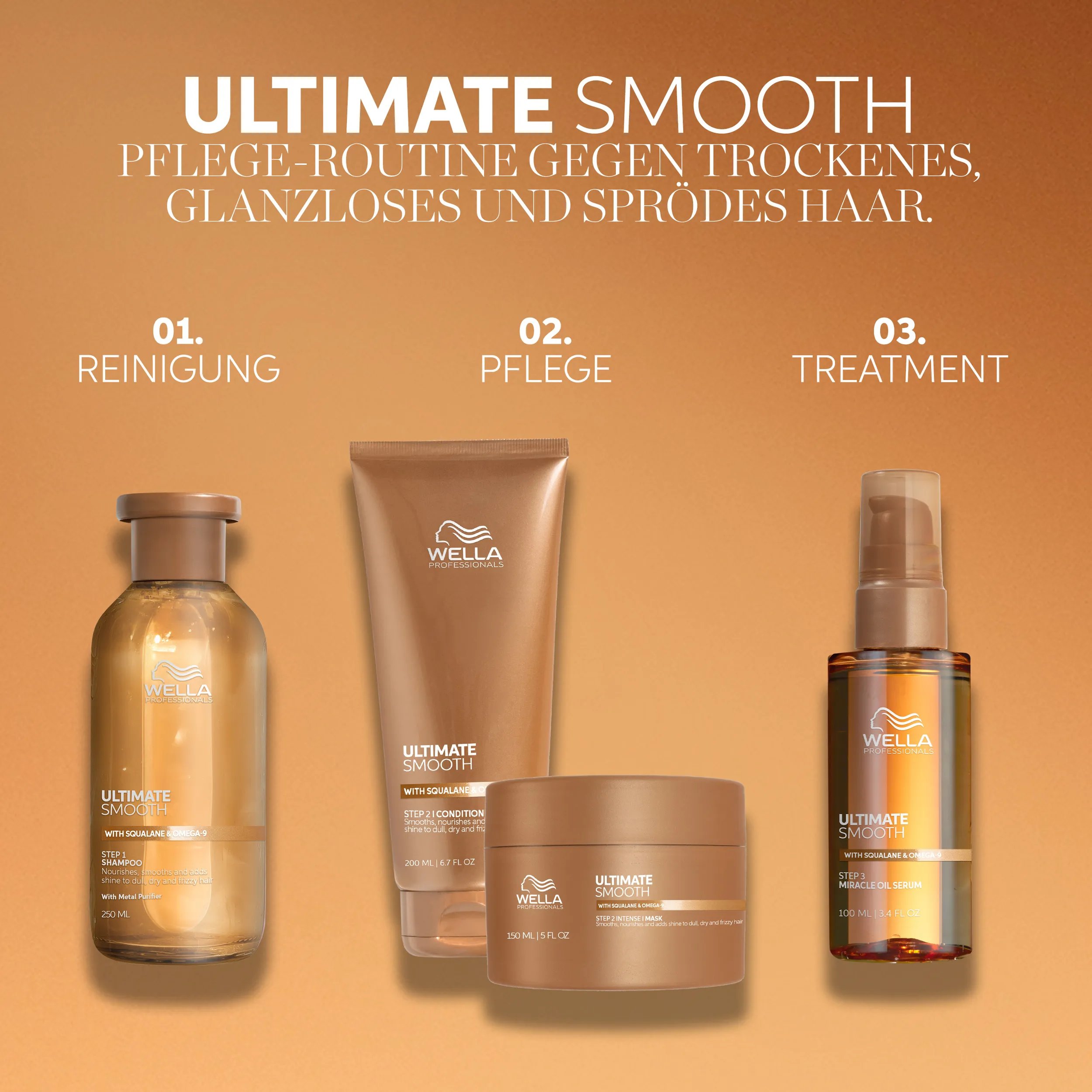 Ultimate Smooth Shampoo, Conditioner, Miracle Oil Serum und Maske auf einem goldenen Hintergrund
