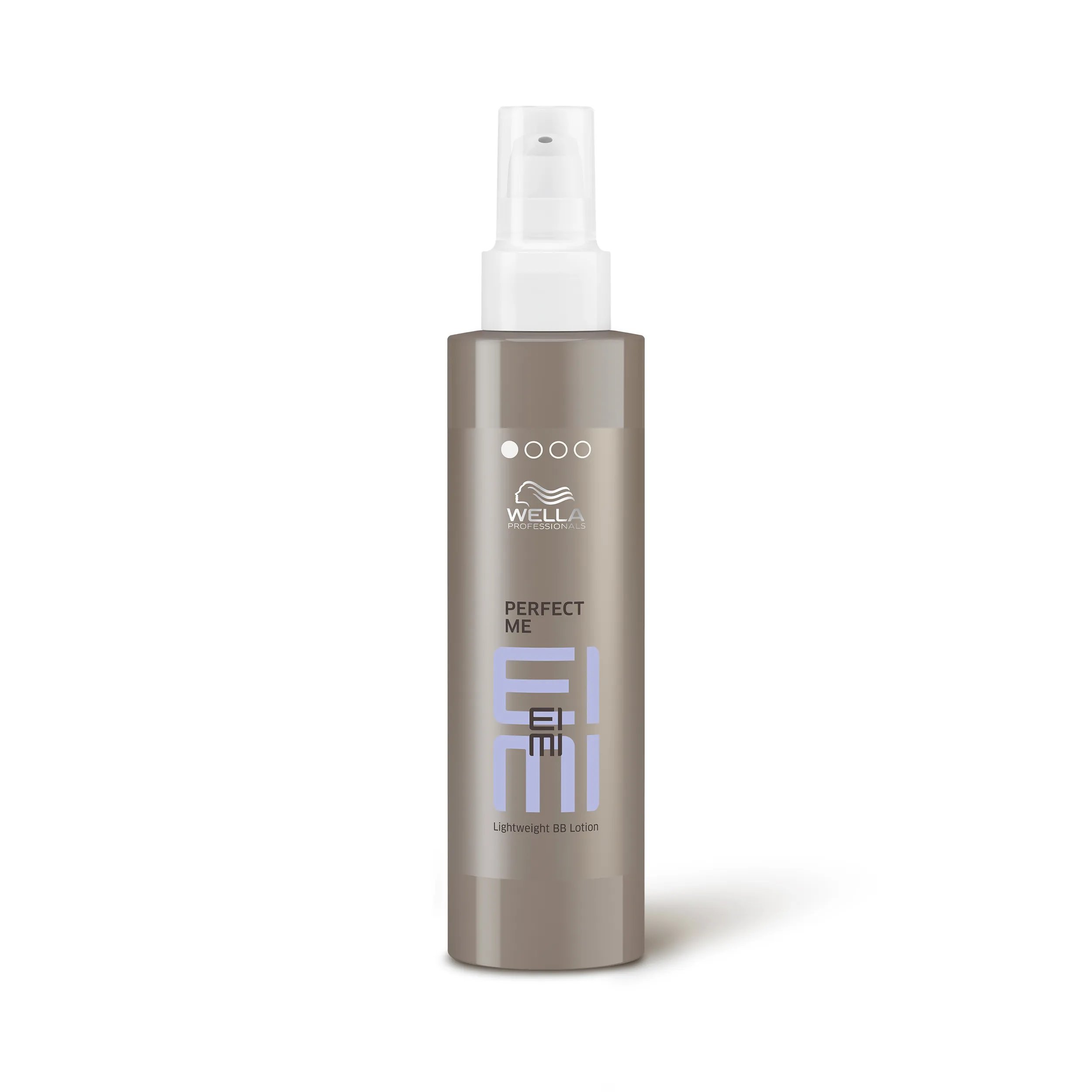 Wella EIMI Perfect Me packshot - a pewter bottle with a white lid and violet EIMI logo.