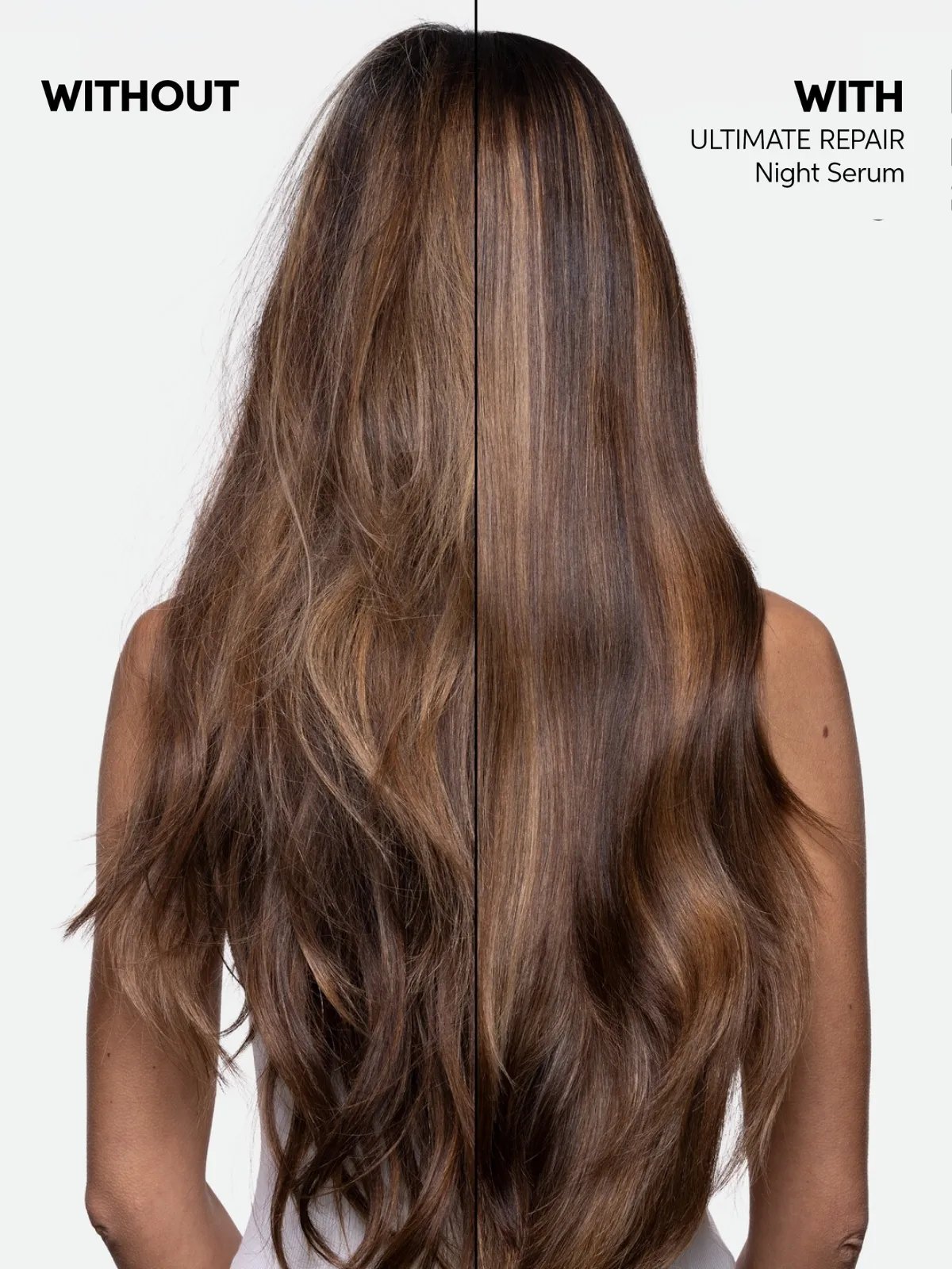 Before and after showing model’s long, brown hair looking smoother after using ULTIMATE REPAIR Night Serum.