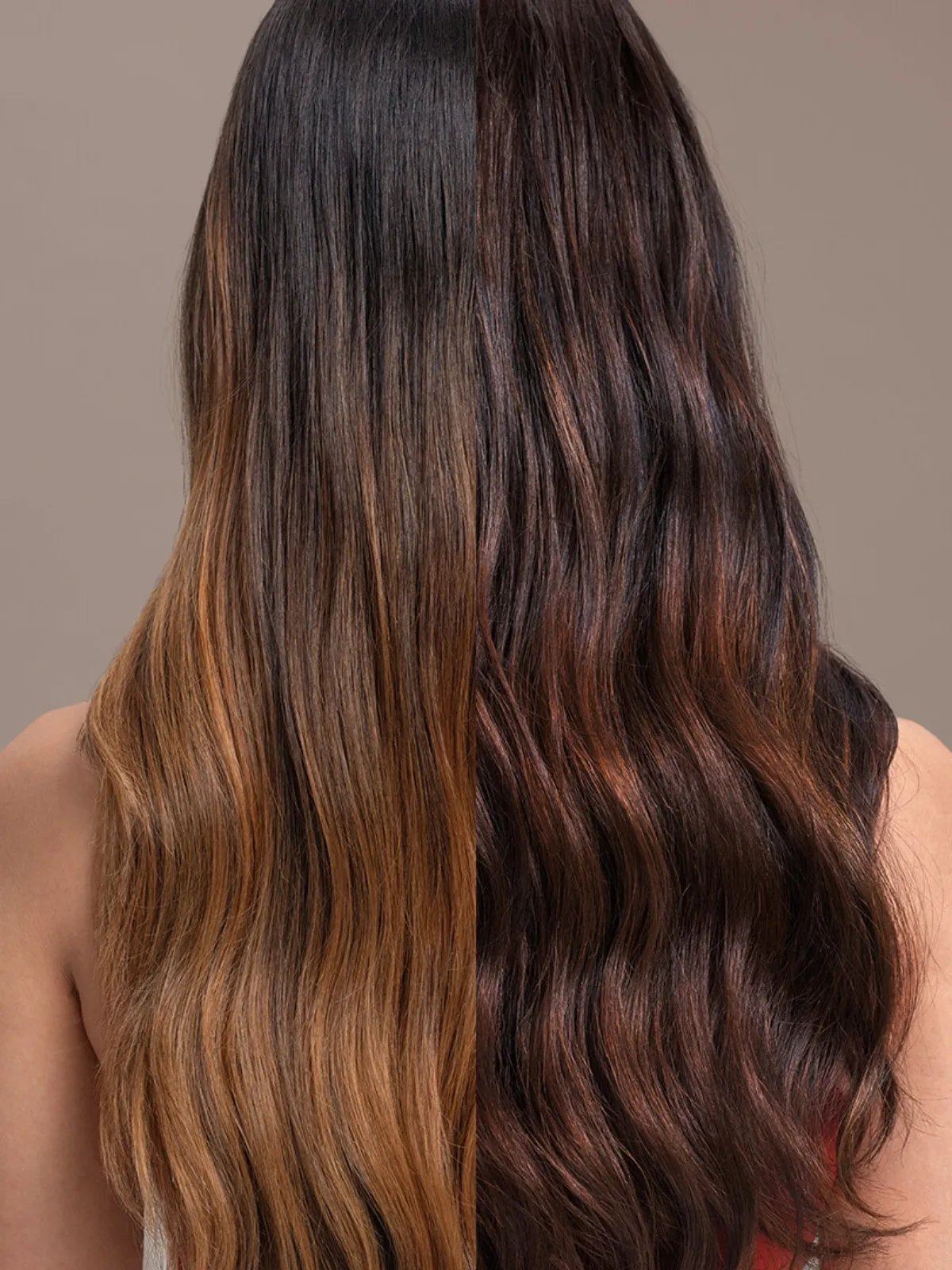 Before and after showing model’s grown-out, brassy, brunette balayage appearing darker and richer after using Color Fresh Mask in Chocolate Touch.