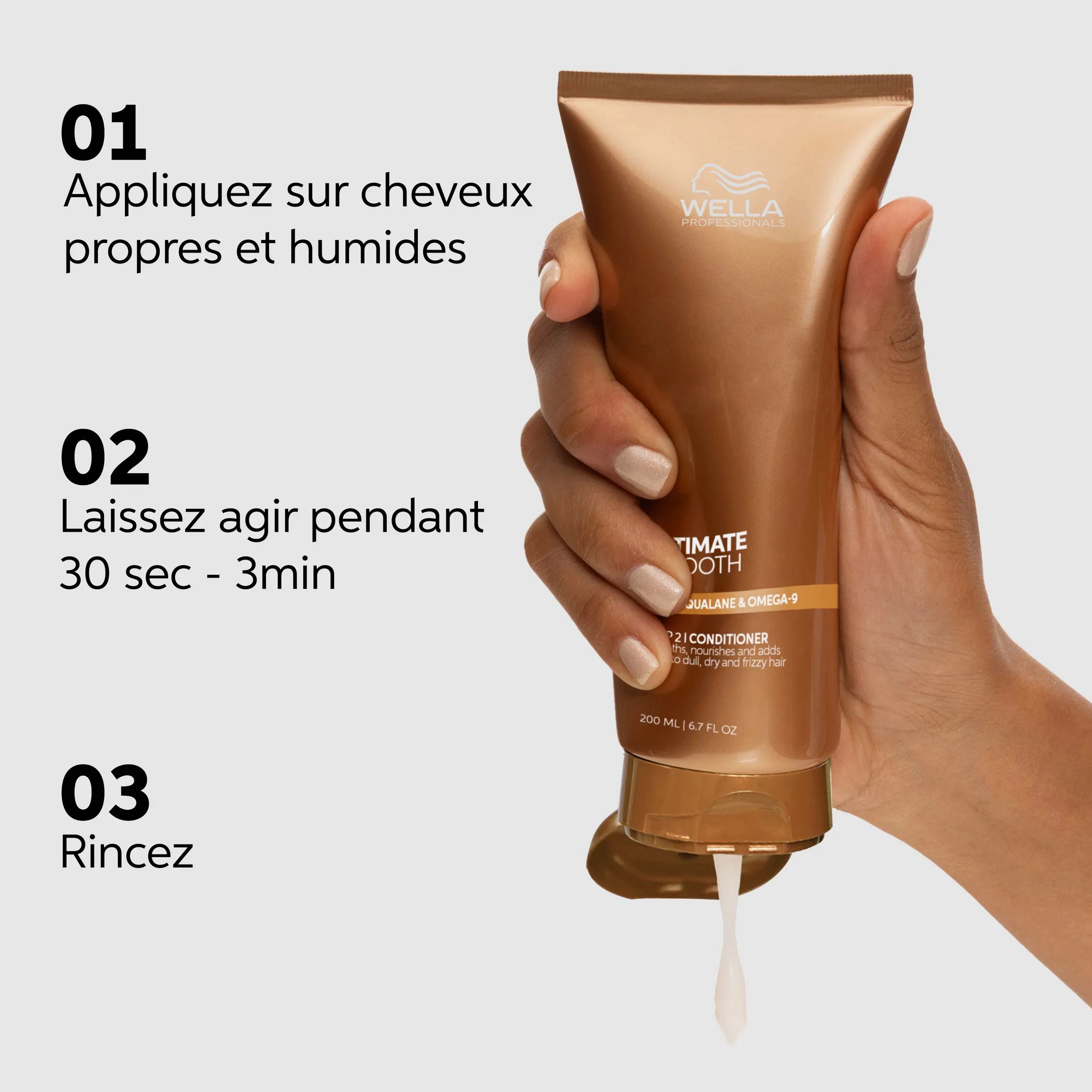 Packshot de l'après-shampoing Ultimate Smooth de Wella Professionals avec son mode d'emploi. Le texte se lit : appliquer sur les cheveux propres et humides, laisser agir pendant 30 secondes à 3 minutes, puis rincer.