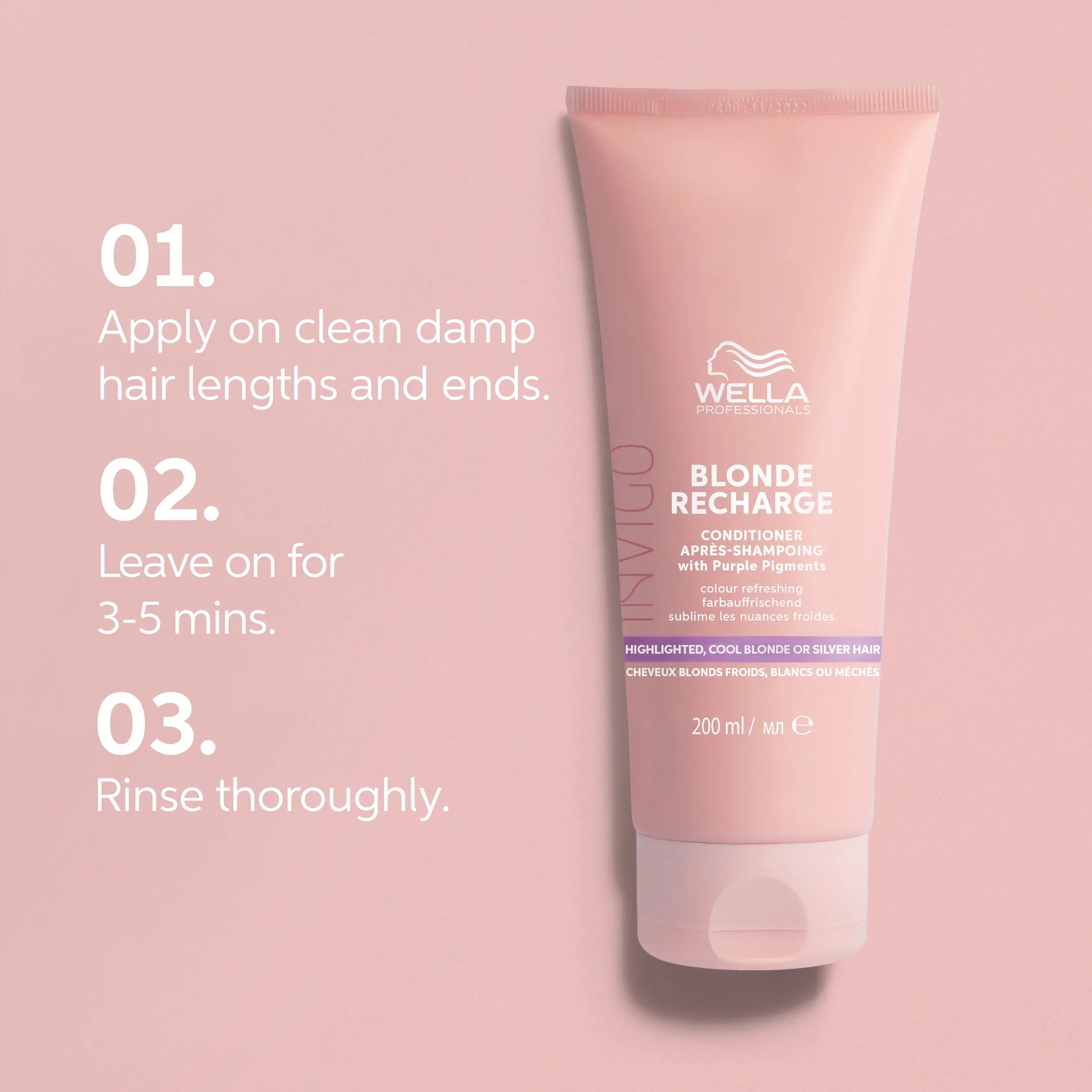 Text describing how to use the invigo blonde recharge conditioner; 1. apply on clean damp hair lengths and ends, 2. leave on for 3-5 mins, 3. rinse thoroughly. 