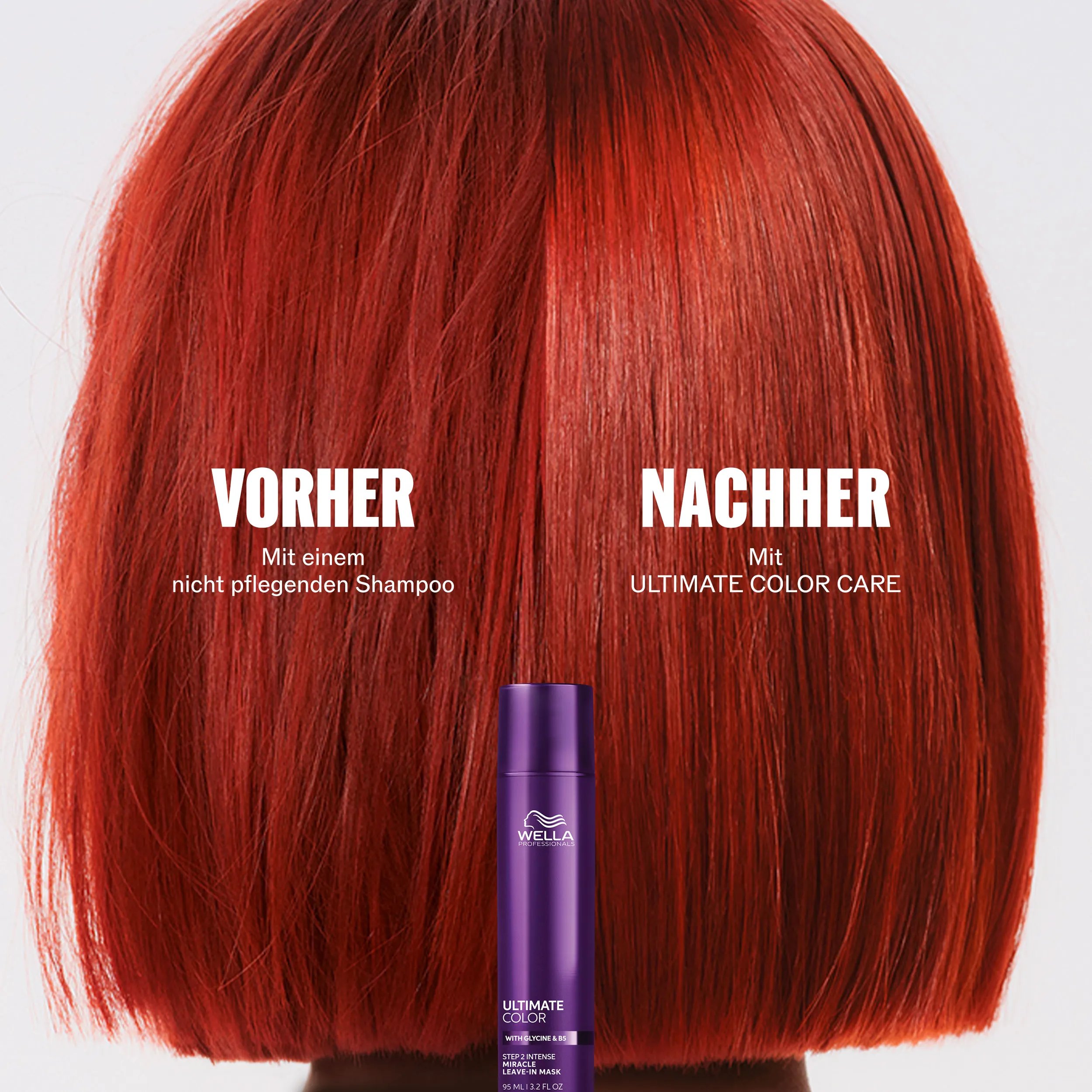 Vergleichsfoto von einem Model mit roten, kurzen Haaren vor und nach der Anwendung der Ultimate Color-Serie. Der Text links lautet „Vorher mit einem nicht pflegenden Shampoo“ und rechts „Nachher mit Ultimate Color-Care“. Die Flasche Ultimate Color Miracle Leave-In ist in der Mitte platziert.