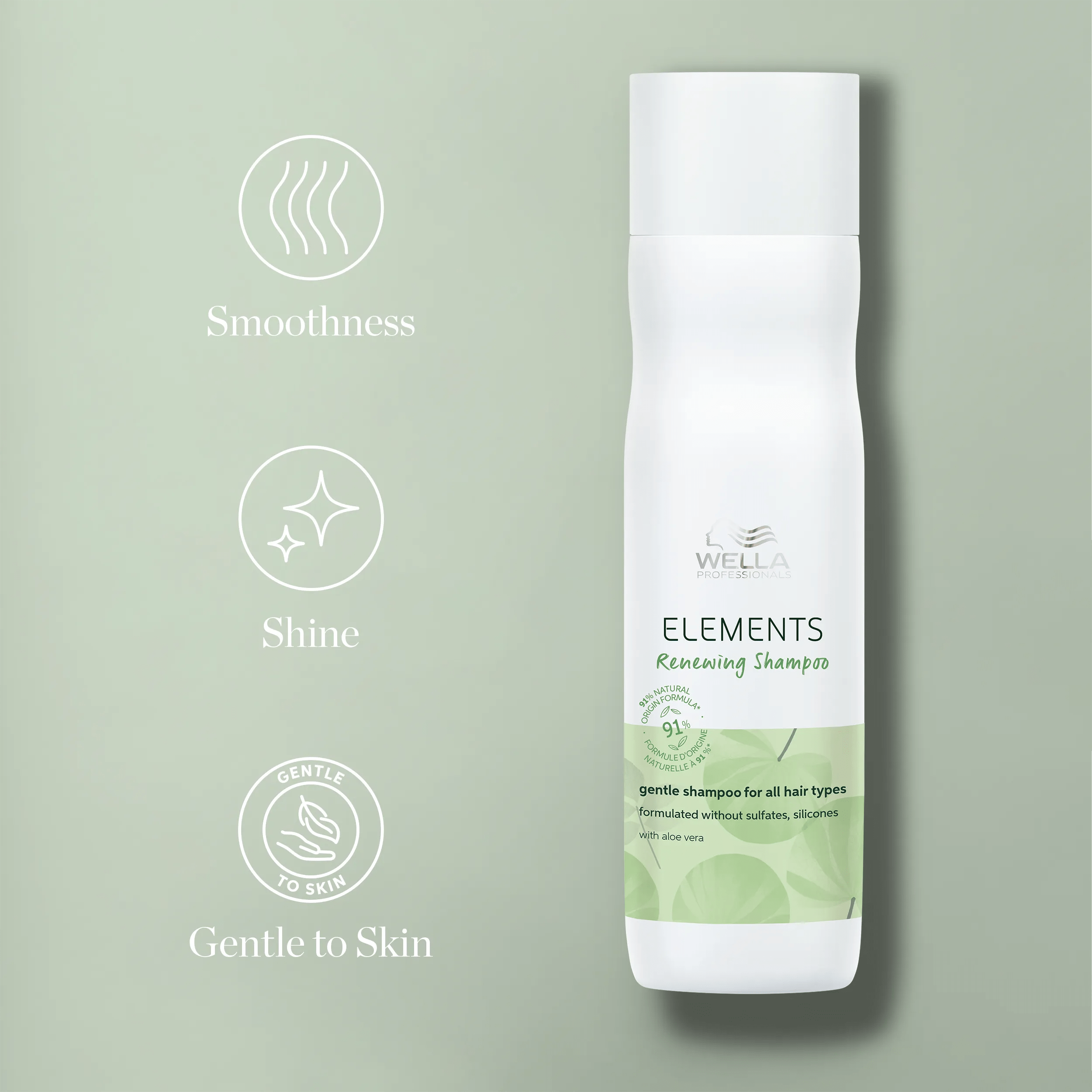 Packshot of Elements Renewing Shampoo beside text saying 'smoothness, shine and gentle to skin'.