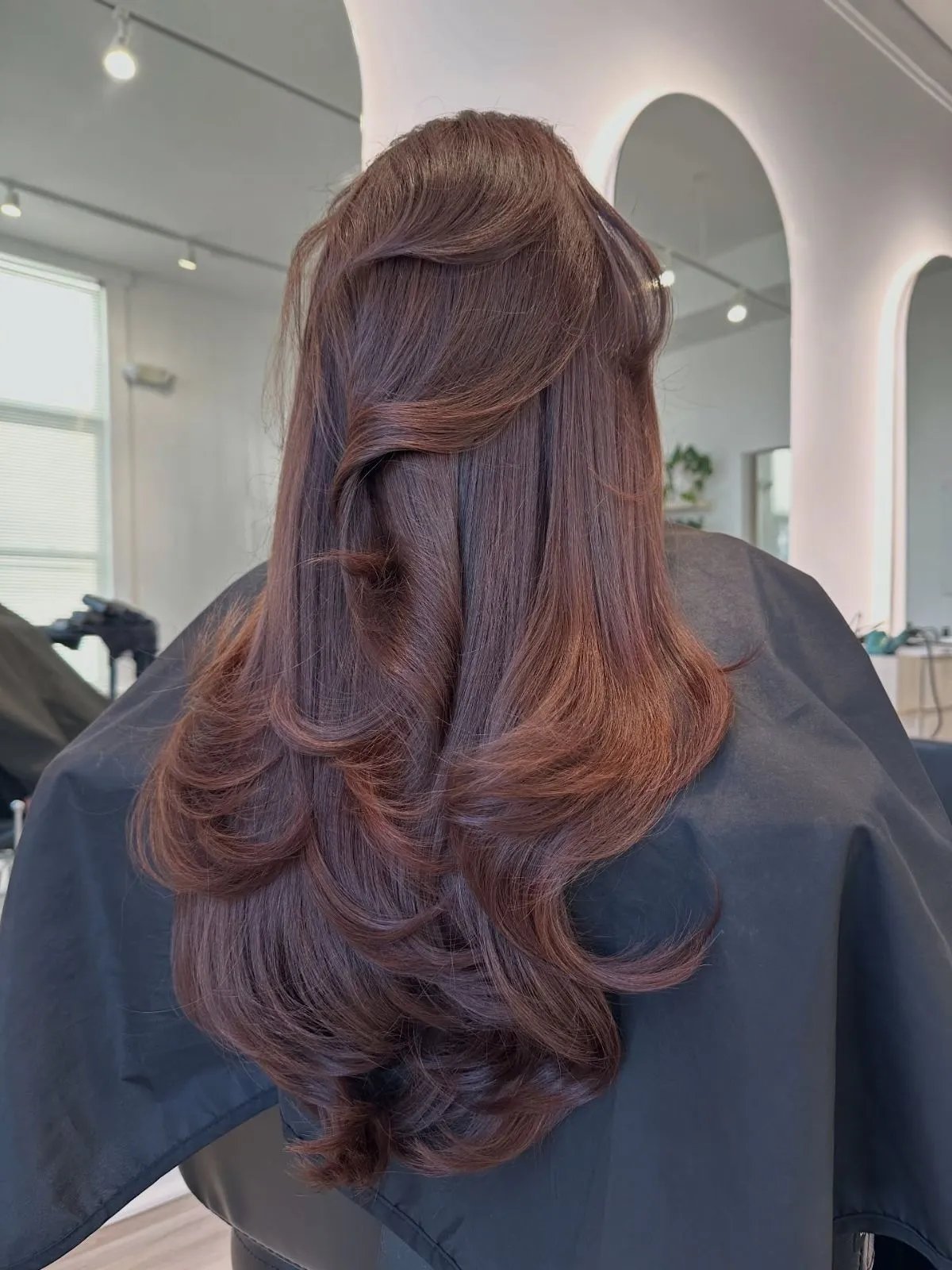 Back of model’s head with long, blow-dried, cherry auburn hair.