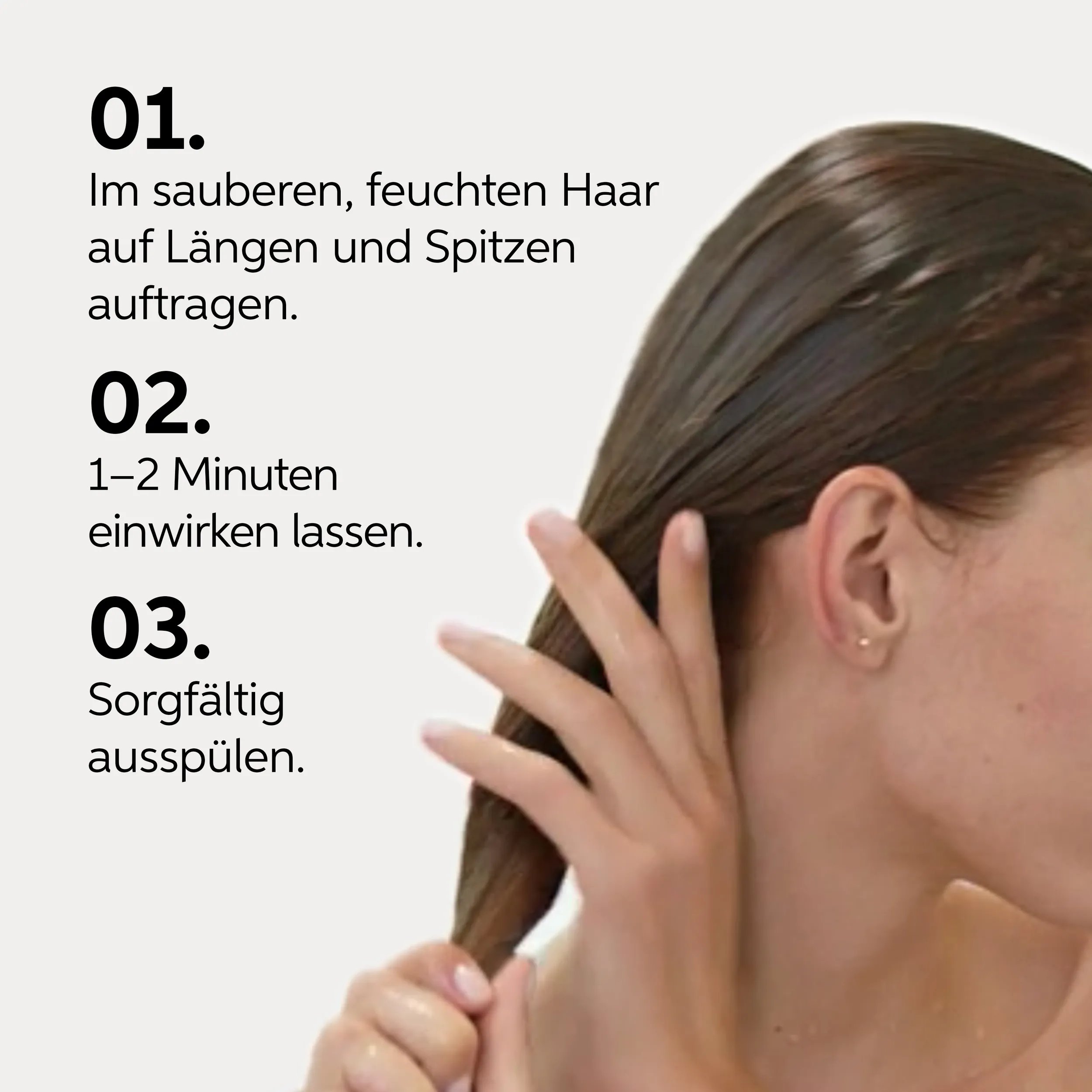 Text detailing how to use Invigo Brilliance fine hair conditioner in 3 steps: text says '01, apply to lengths and ends on clean damp hair. 02, leave on for 1-2 mins. 03, rinse thoroughly', next to a photograph of a model smoothing the product through damp brunette hair.