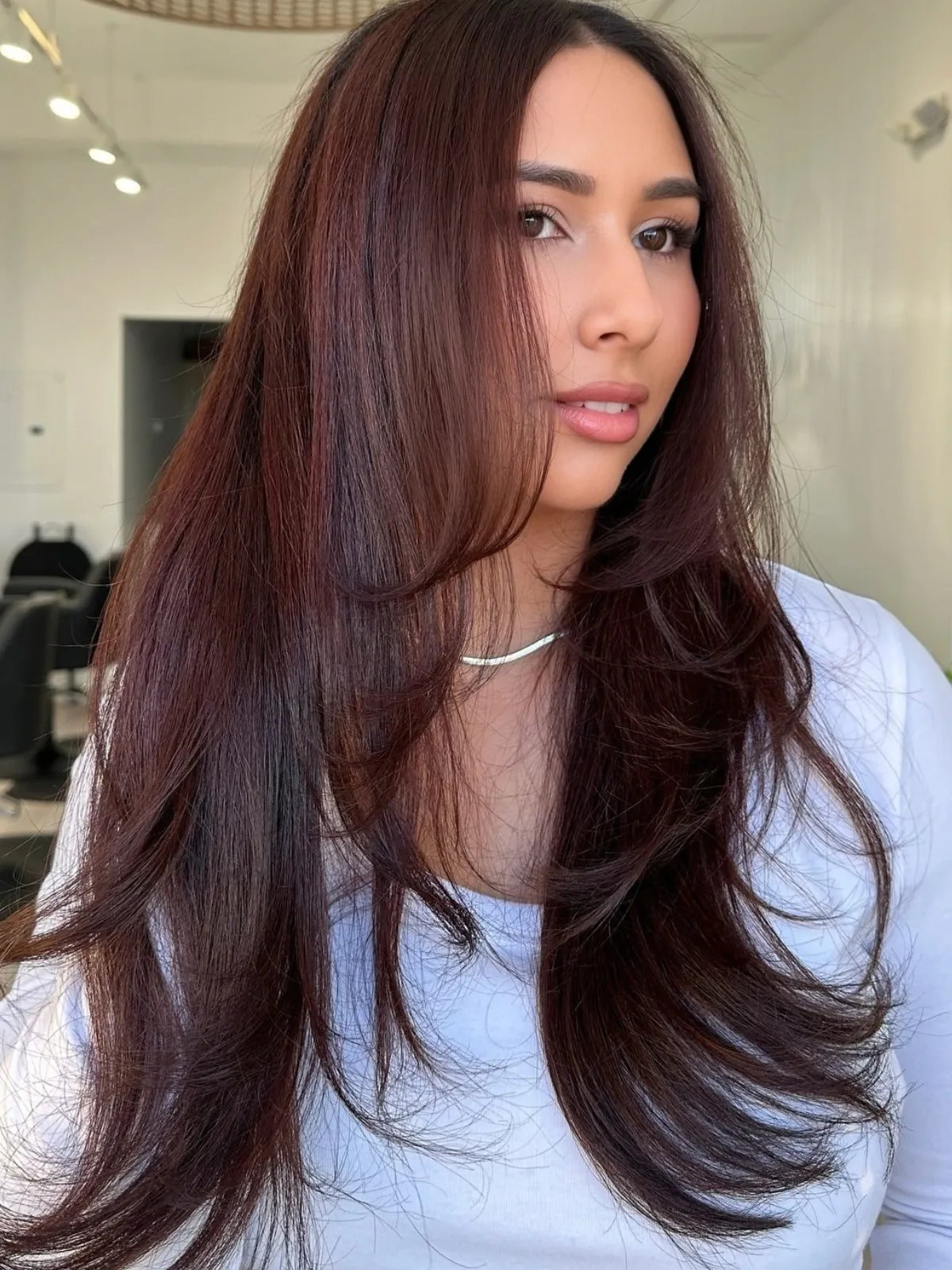 Model with long, brown hair, featuring sweeps of maroon red.