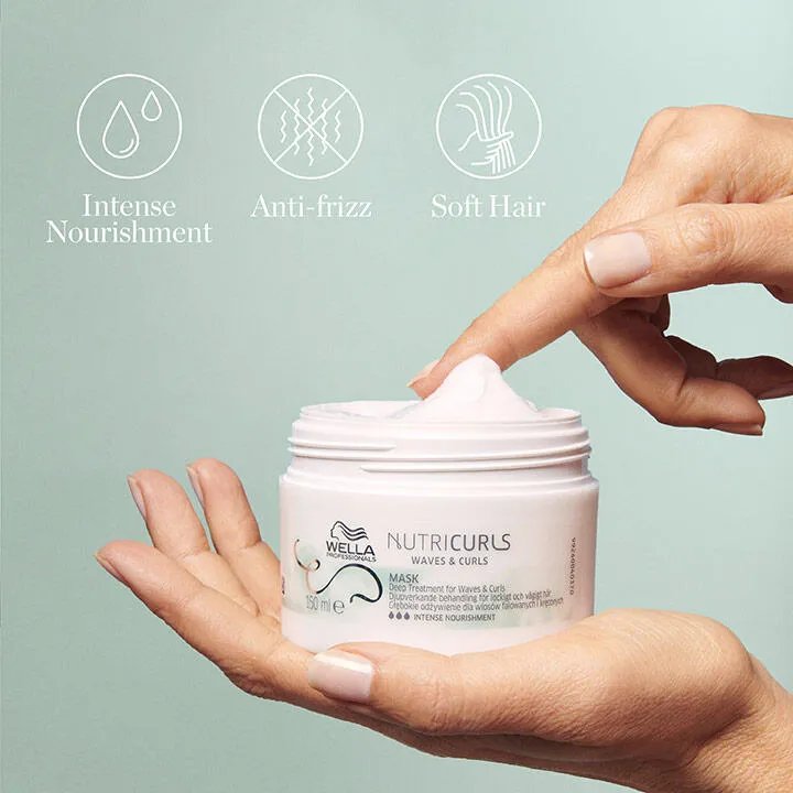 Hands holding a jar of Wella Professionals NutriCurls Waves & Curls Mask. Above the product are icons representing key benefits: Intense Nourishment, Anti-Frizz, and Soft Hair.