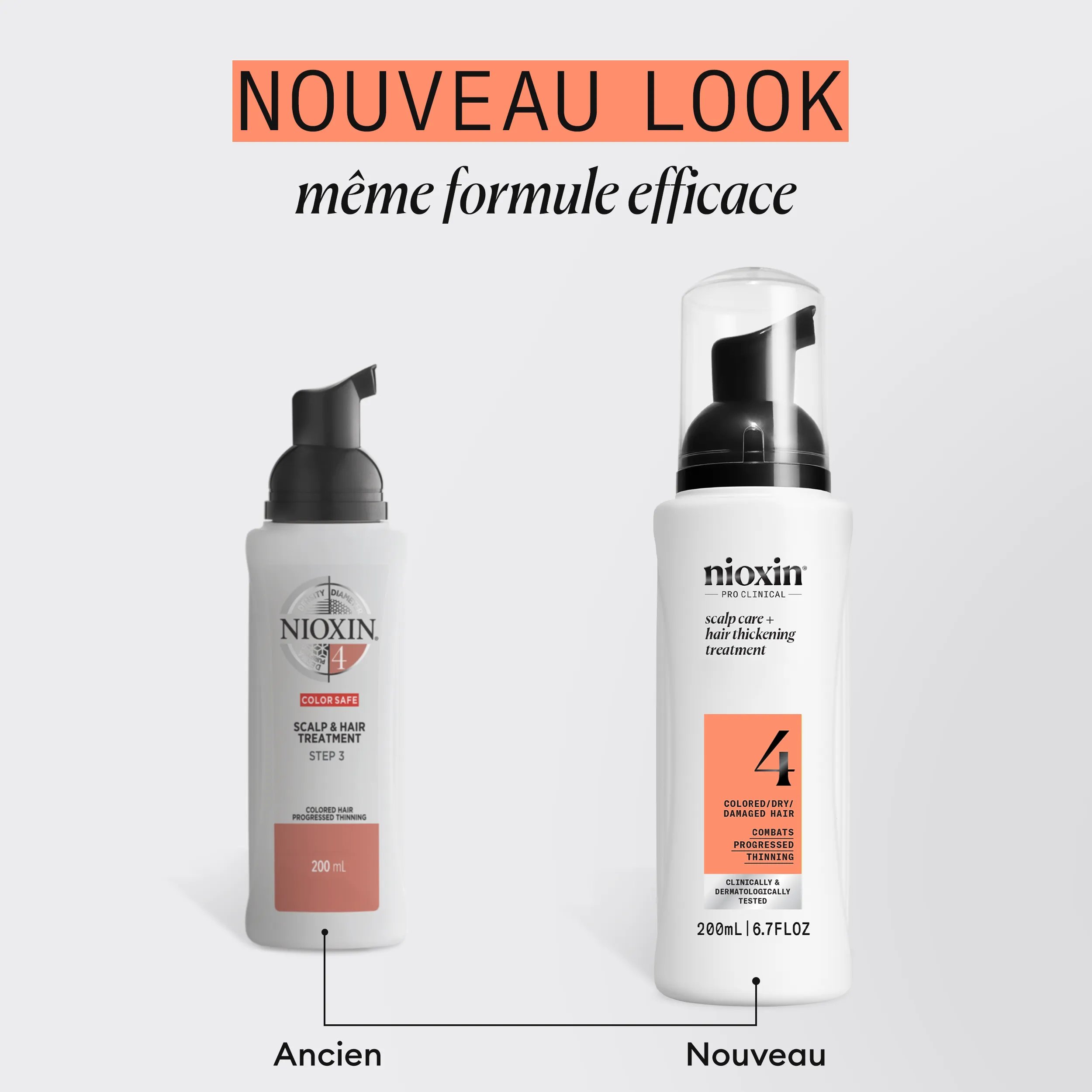 Nioxin System 4 Scalp and Hair Thickening Treatment old and new bottle against white background