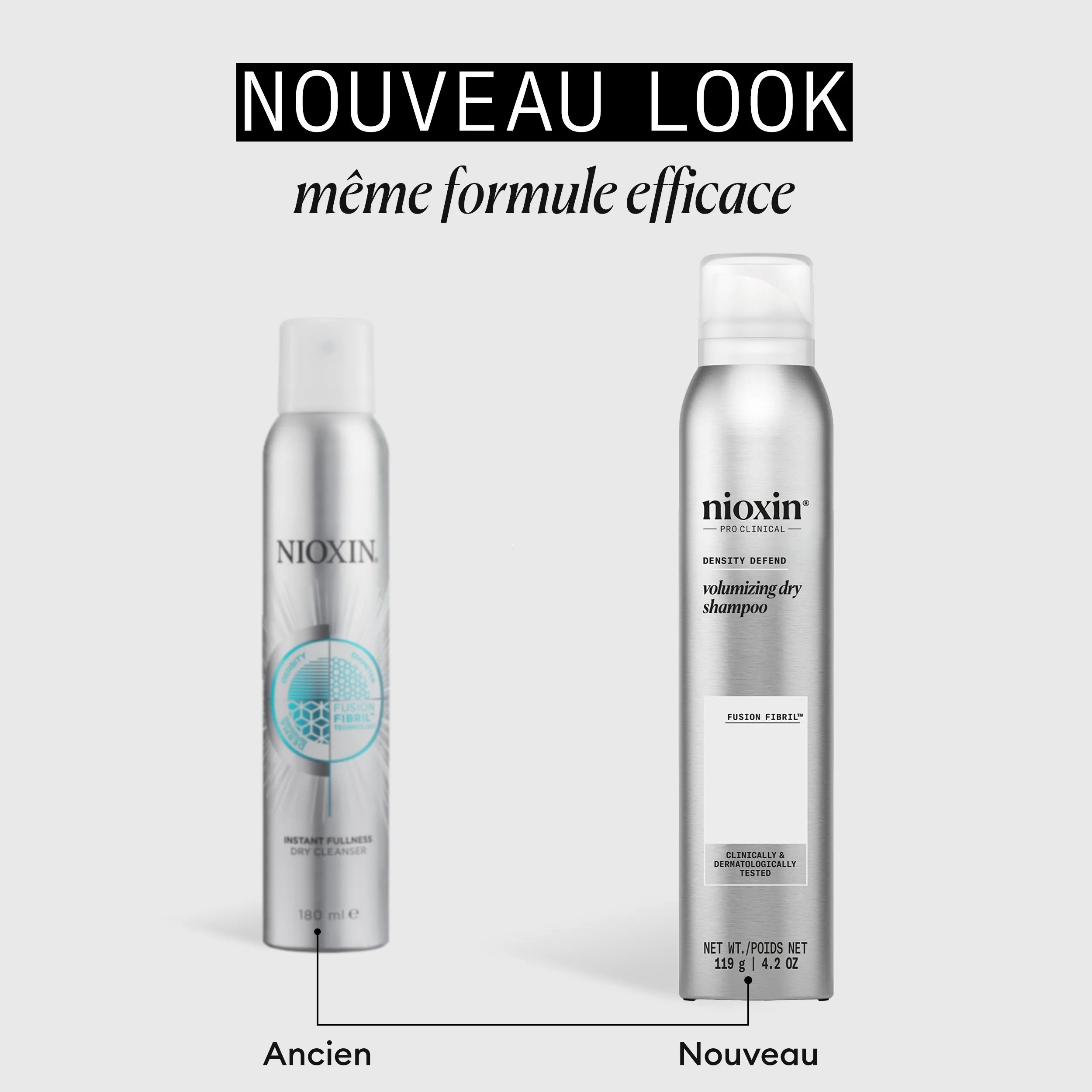 Nioxin Density Defend Volumising Dry Shampoo old and new bottle side by side