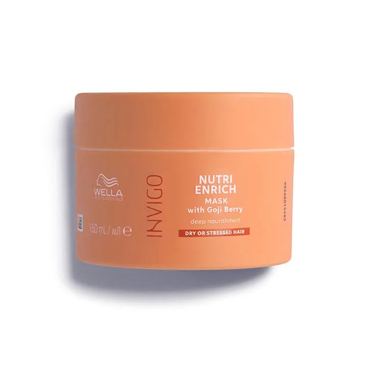 Packshot of Wella Professionals Invigo Nutri-Enrich Deep Nourishing Mask - a peachy orange tub with white and red font and a red Wella logo.