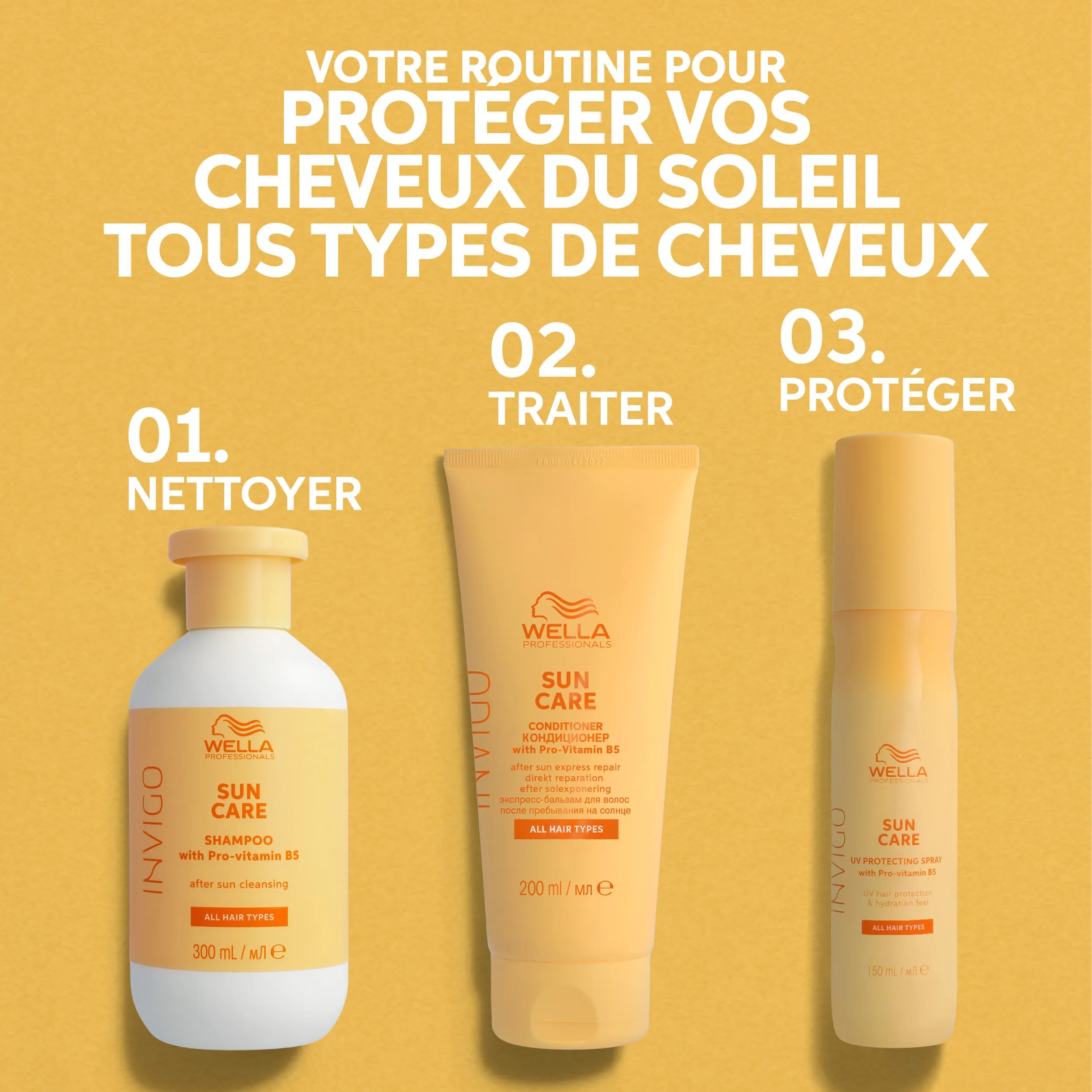 Texte indiquant « Votre routine de soins après-soleil pour tous types de cheveux ». Des photos des 3 produits solaires Invigo sont incluses dans les 3 étapes : étape 1 - nettoyer. Étape 2 - traiter. Étape 3 - protéger.
