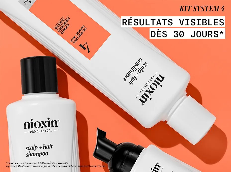 Nioxin System 4 kit products laid down against orange background