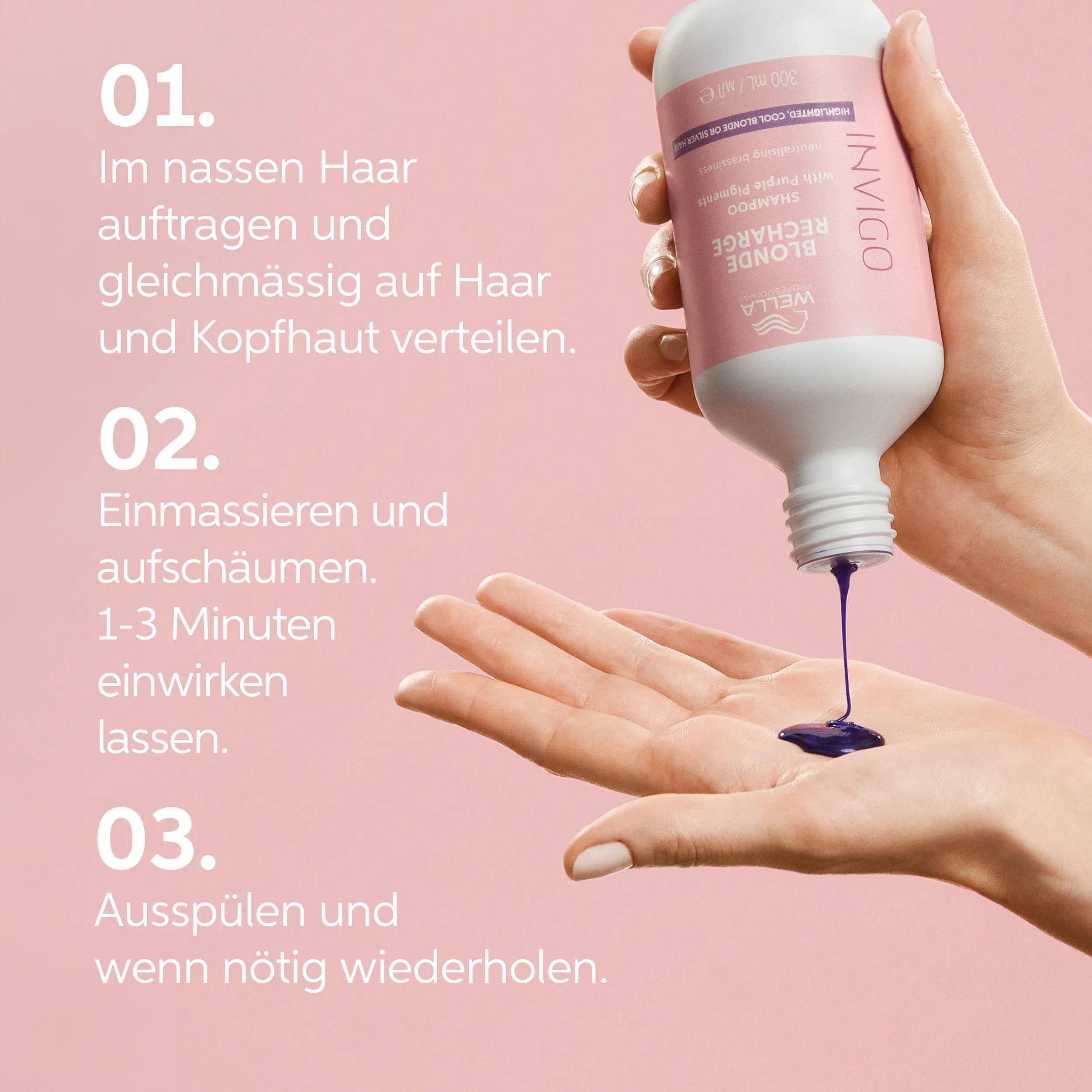 Text detailing how to use Invigo blonde recharge in 3 steps: text says '01, apply to wet hair and lather. 02, leave on for 3-5 mins. 03, rinse thoroughly, repeat if needed.