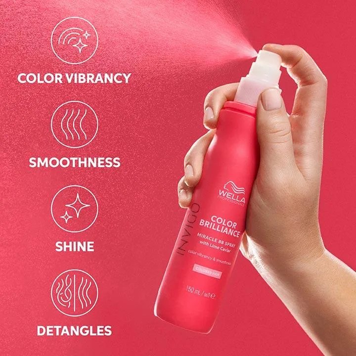 Packshot of the red Invigo Brilliance leave-in spray bottle, beside text which says 'color vibrancy, smoothness, shine & detangles'.
