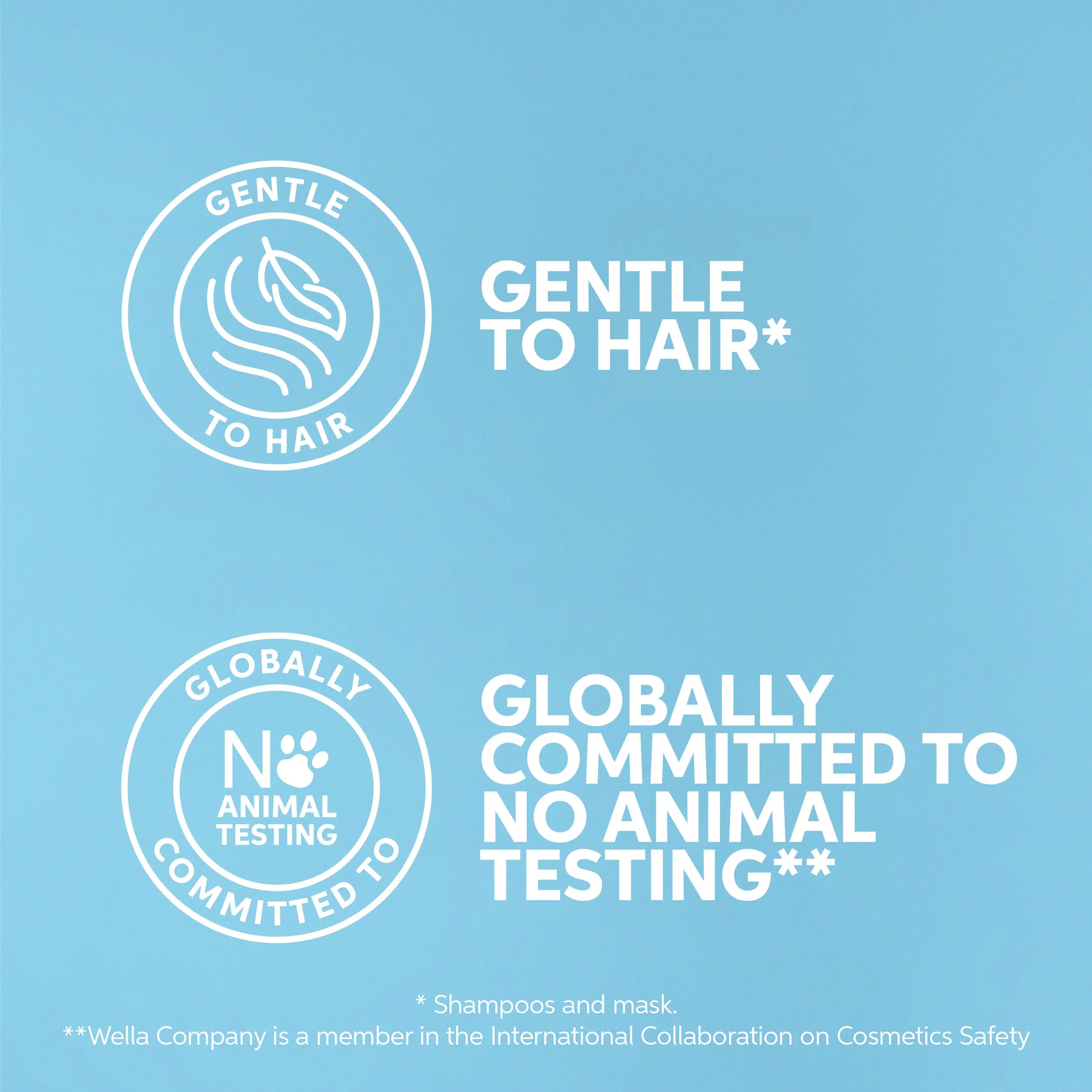 Text on blue background with white font says ' gentle to hair and globally committed to no animal testing'.