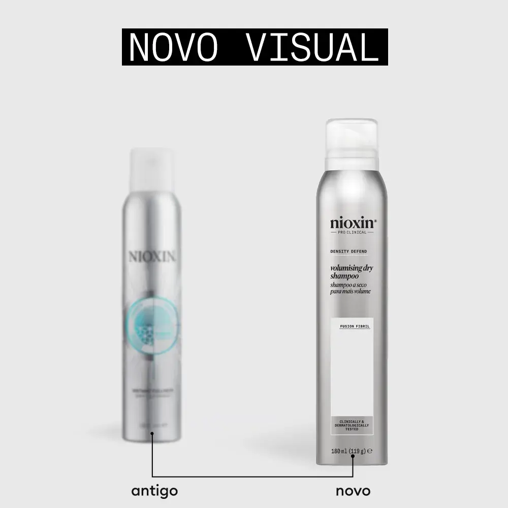 Frascos antigo e novo, lado a lado, do Nioxin Density Defend Volumizing Dry Shampoo