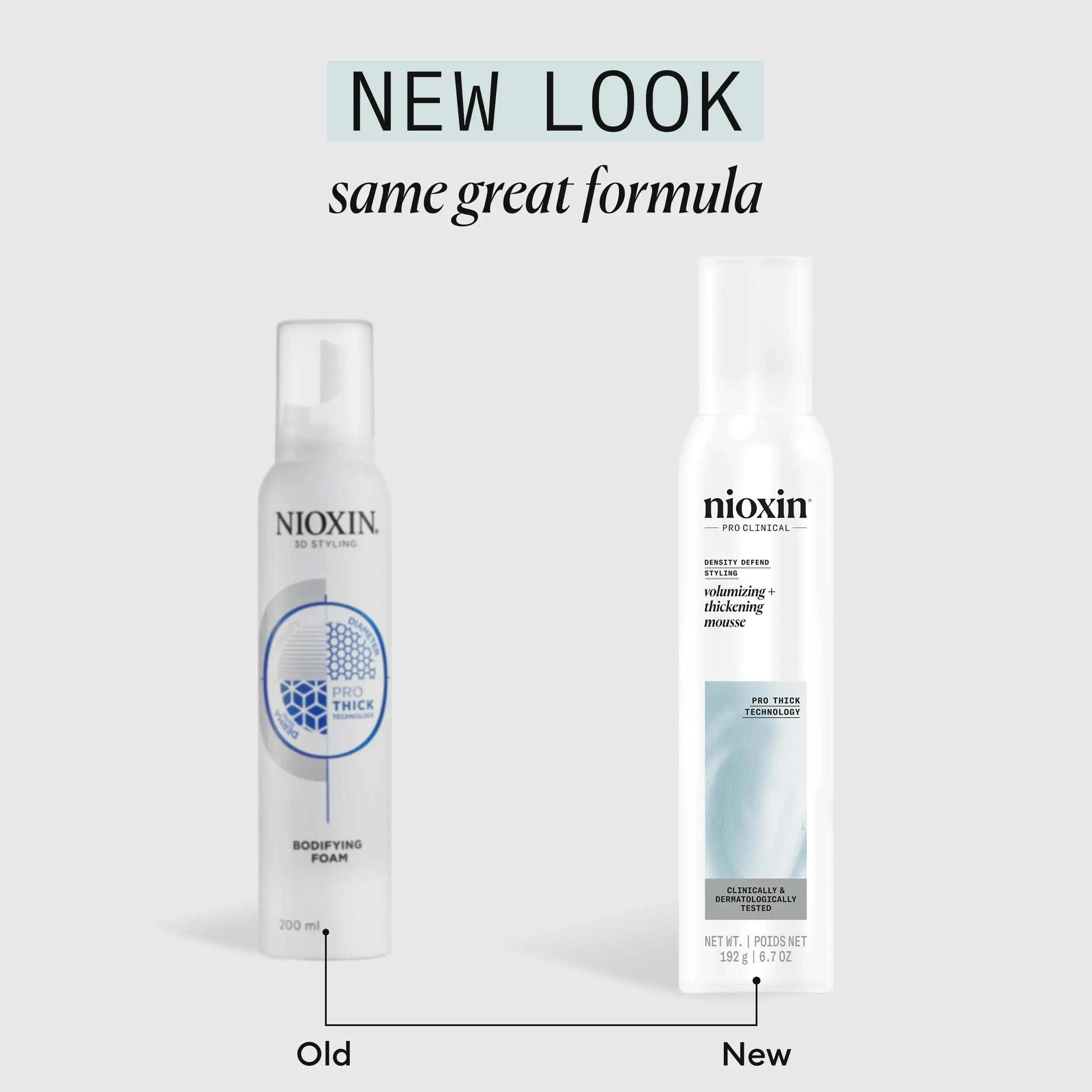 Nioxin volumising + thickening mousse old and new bottle side by side comparison