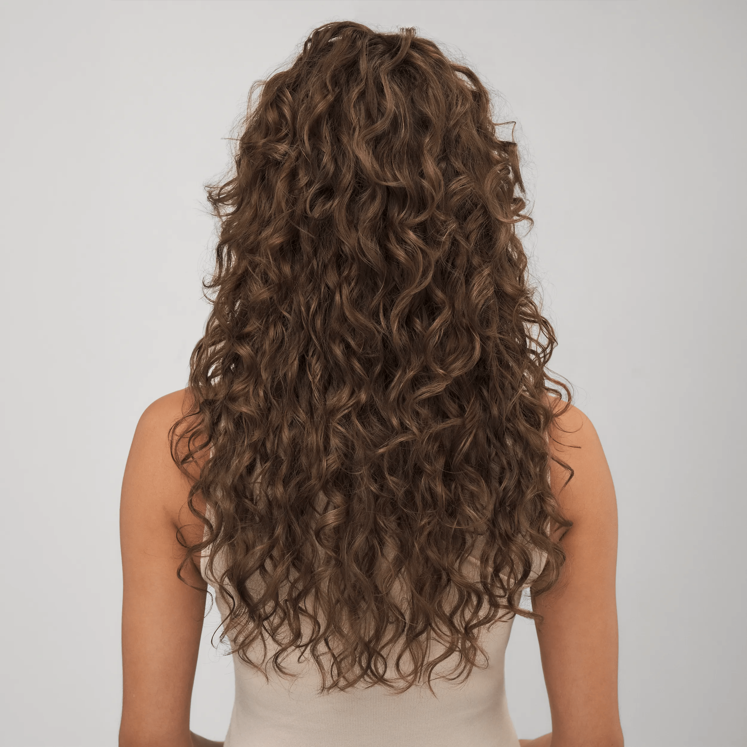 Back view of a model with long curly hair with blonde highlights against a light grey background.