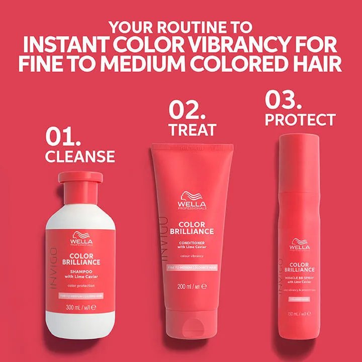 Text saying 'Your routine to instant color vibrancy fine to medium colored hair'. Packshots of the 3 Invigo Brilliance products are included in 3 steps: step 1 - cleanse with Invigo Brilliance shampoo. Step 2 - condition with the conditioner. Step 3 - protect with the leave in treatment.