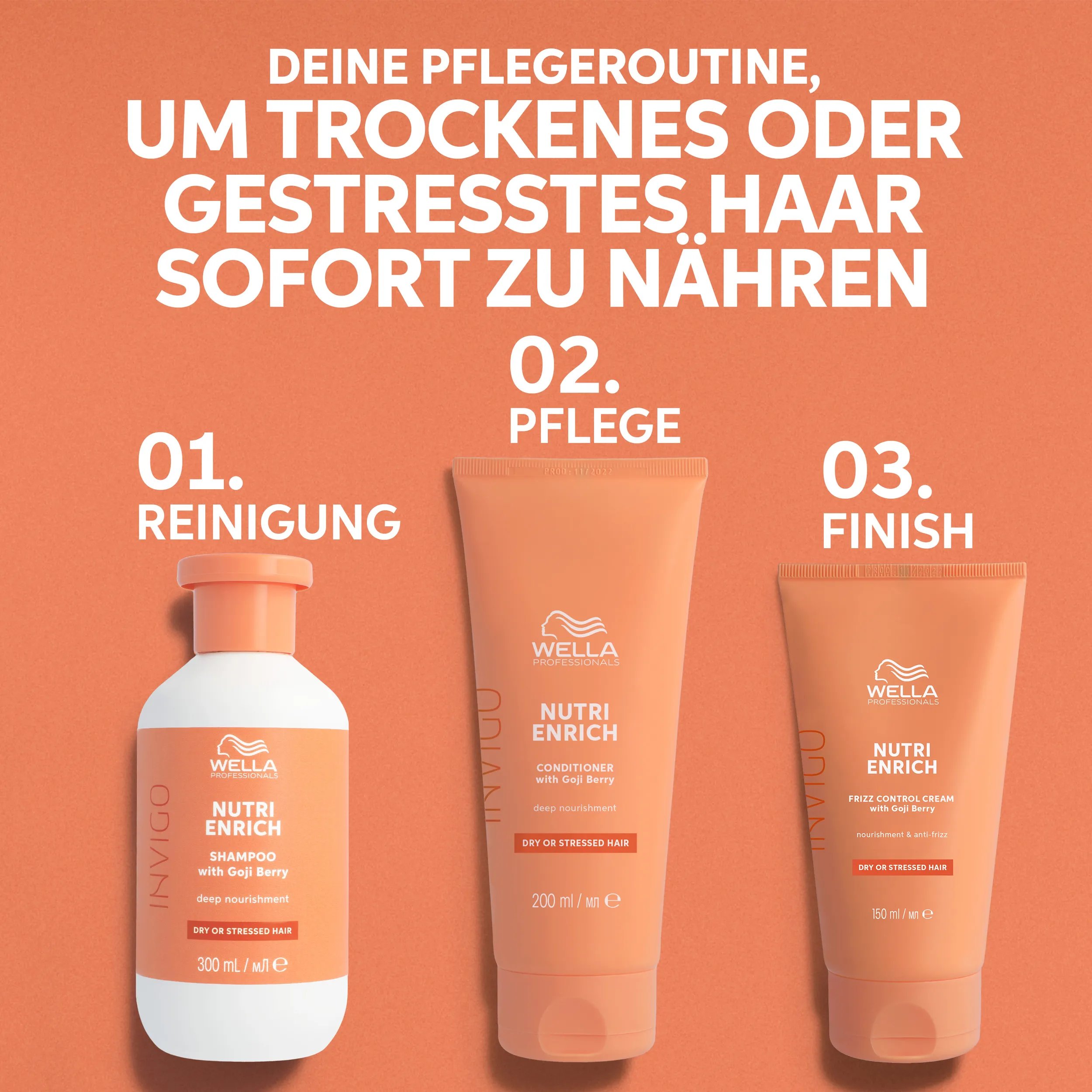 Image displaying the Wella Invigo Nutri-Enrich hair care steps: Cleanse (shampoo), Condition (conditioner), and Treat (hair mask), against an orange background.