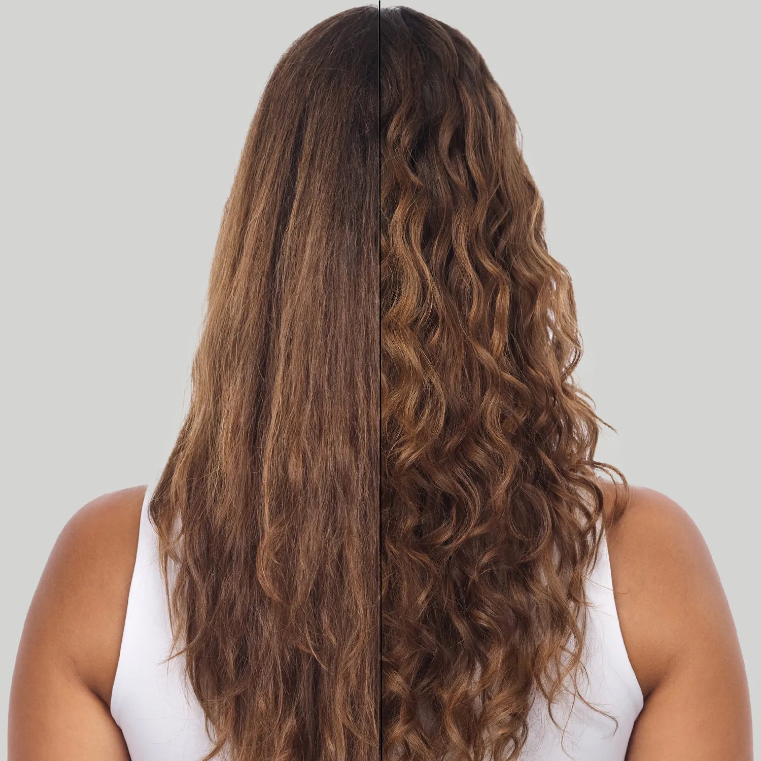 Back of model’s head showing curly hair before and after using the ULTIMATE REPAIR regimen. Curls appear bouncier and more defined in the after shot.