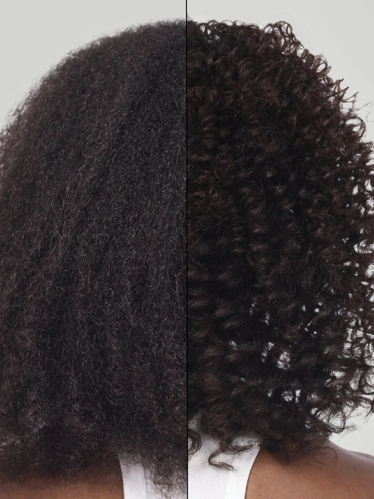Before and after showing model’s dark, curly hair appearing glossier and more defined after using ULTIMATE REPAIR. 