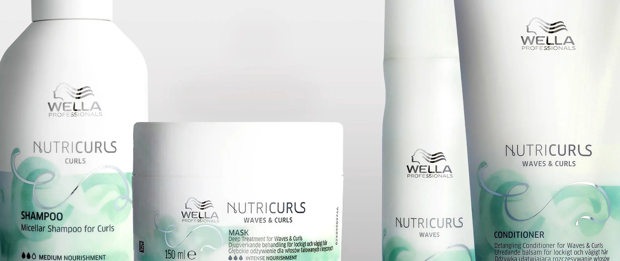 Produktfoto von Wella NutriCurls Shampoo, Conditioner, Maske, Spray und Balsam.