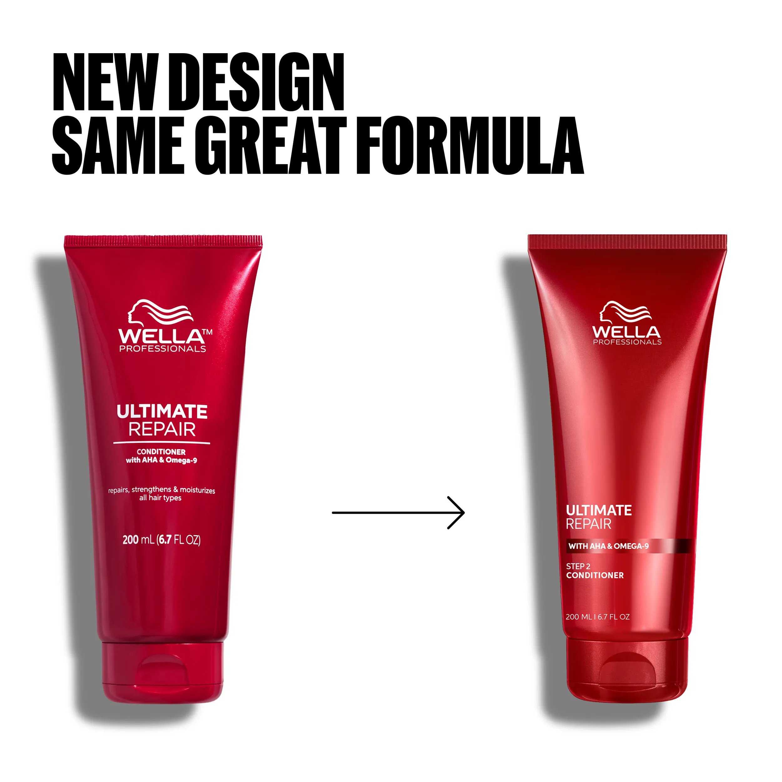 Pack image of Wella Ultimate Repair Conditioner. Shows old packaging and new packaging. Text reads new design same great formula.