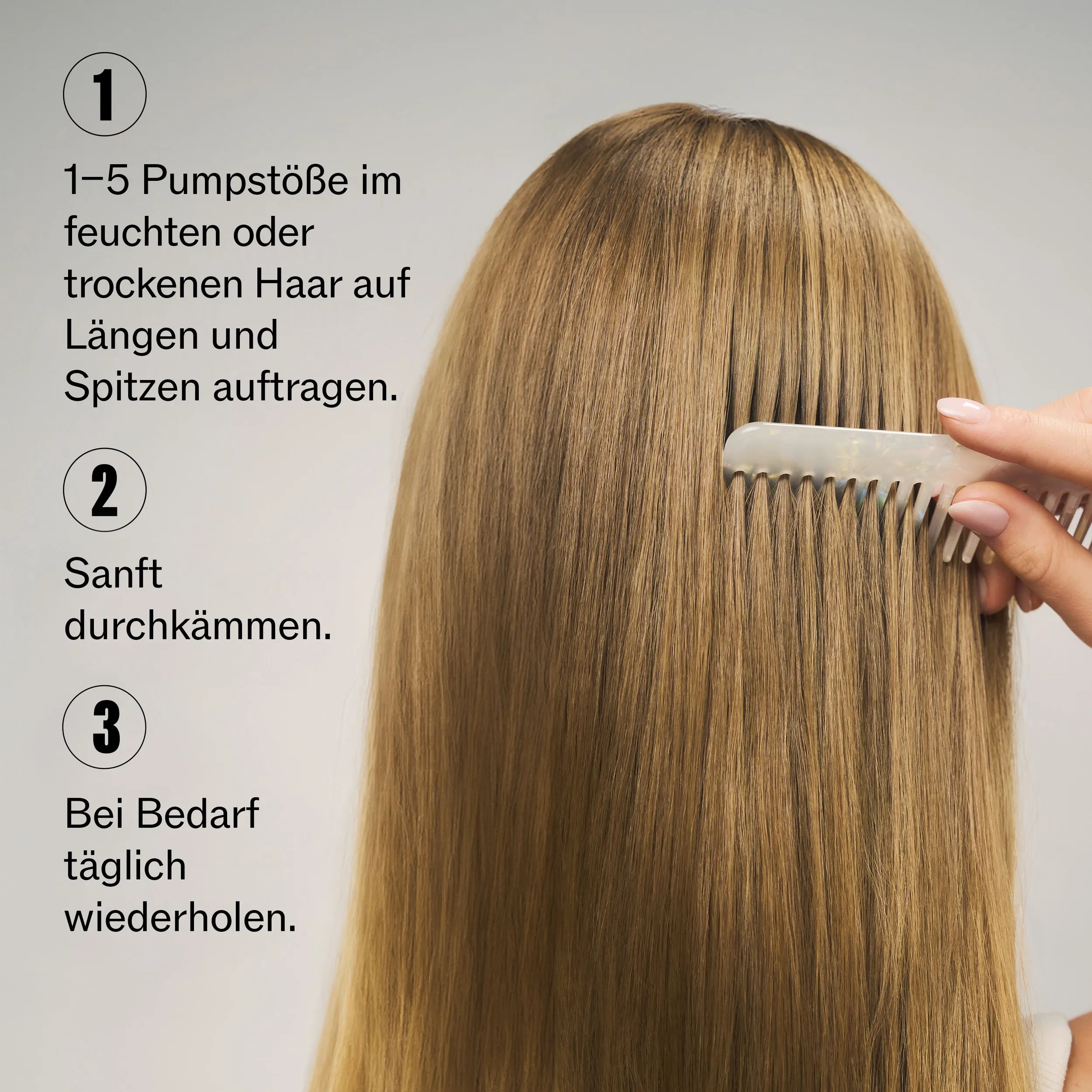 Anwendungshinweise für Wella Professionals Ultimate Smooth Silky Milk: Das Video zeigt, wie langes, glattes Haar sanft durchkämmt wird, mit Bildanweisungen dazu, 1–5 Pumpstöße auf die feuchten oder trockenen Längen und Spitzen aufzutragen, gleichmäßig durchzukämmen und die Anwendung bei Bedarf täglich zu wiederholen.
