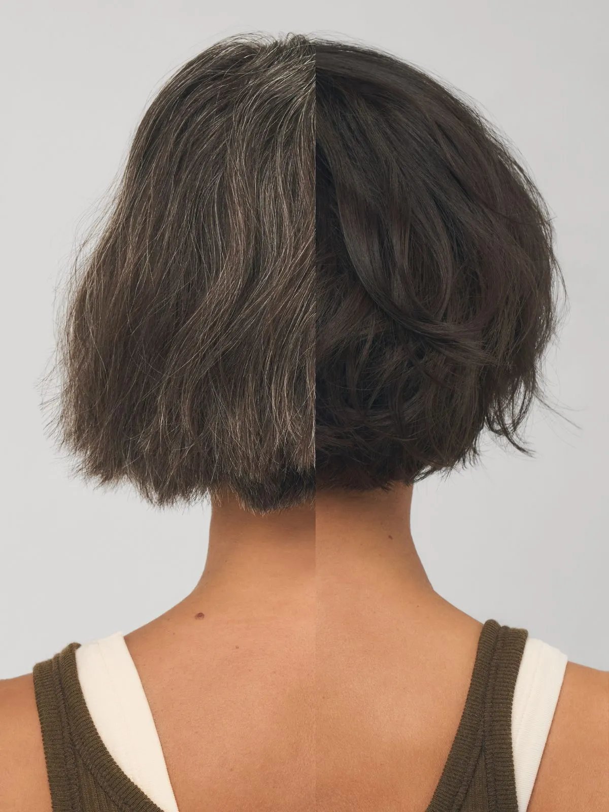 Before and after showing model’s grey hair covered with Pure Perfection hair color.