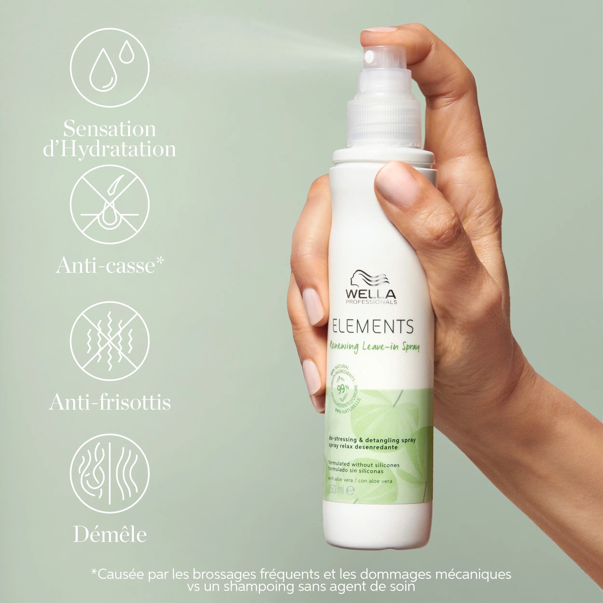 Packshot du spray sans rinçage Elements Renewing à côté d’un texte indiquant « sensation hydratante, anti-casse, anti-frisottis, démêle