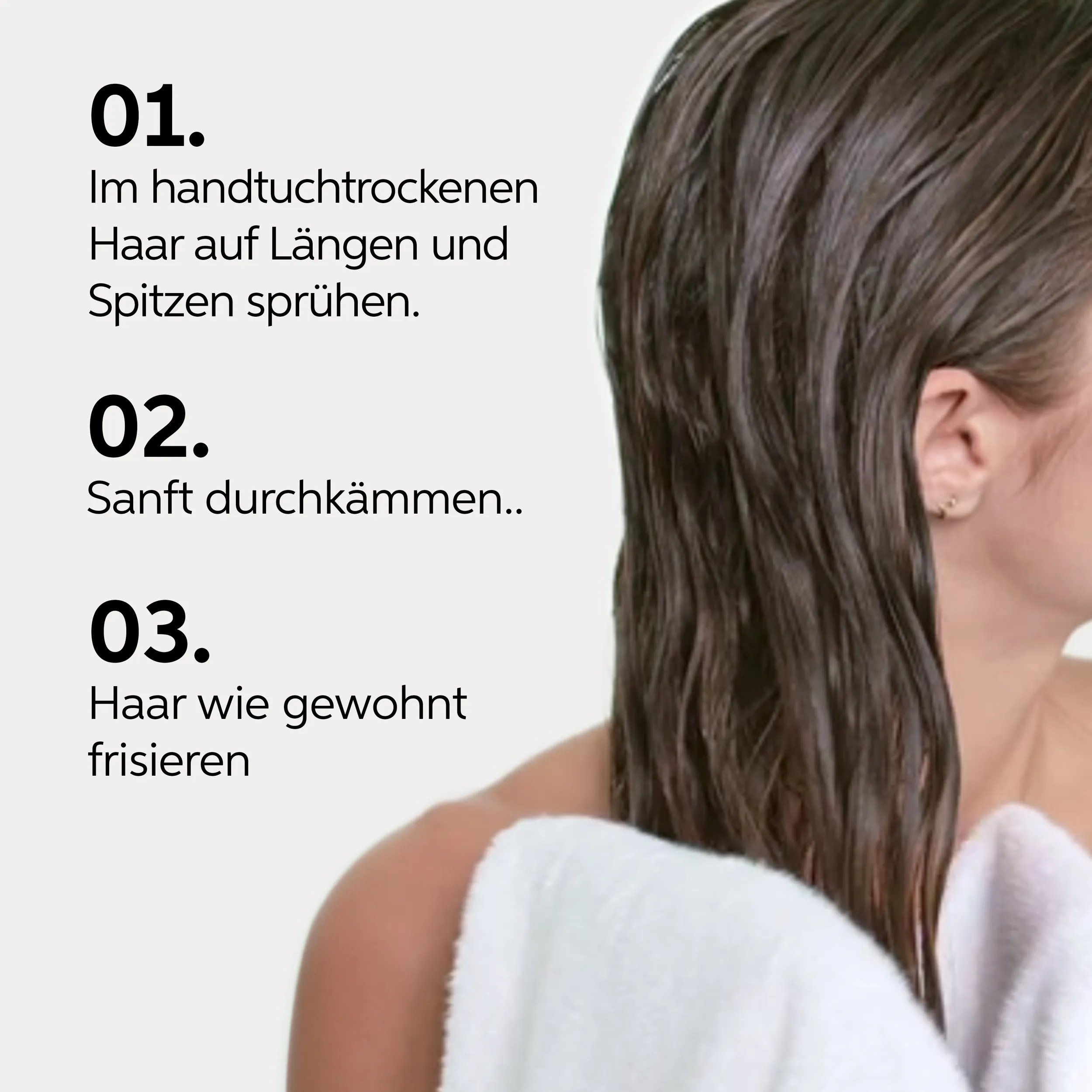 Bild, das drei Schritte zum Stylen von feuchtem Haar zeigt, mit Text und einer Teilansicht eines Models mit nassen braunen Haaren.