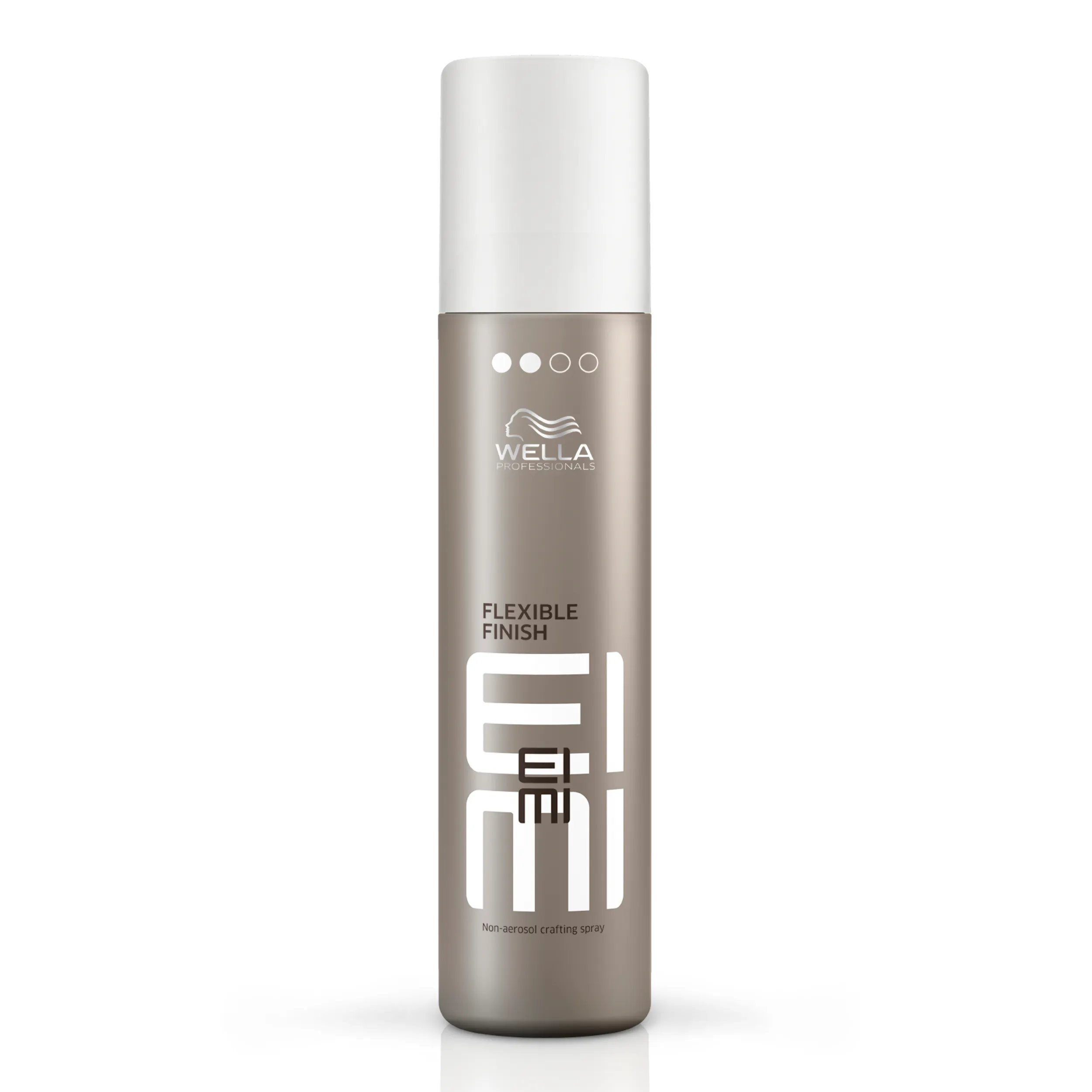 Wella EIMI Flexible Finish packshot - a silver bottle with a white lid and white EIMI logo.