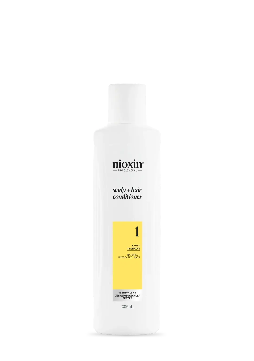 Envase de Acondicionador del Sistema 1 de Nioxin para el cuero cabelludo y cabello sobre fondo blanco