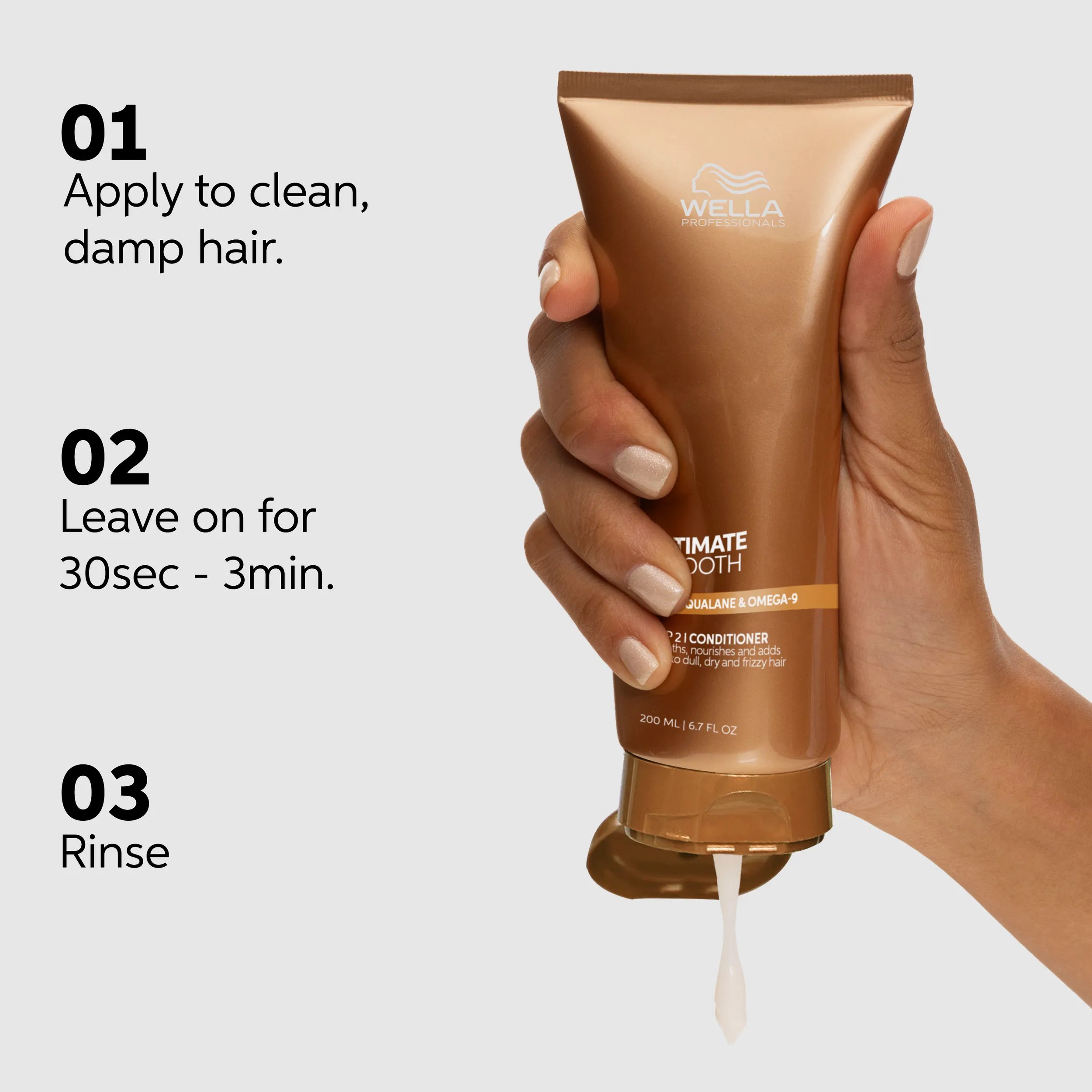 Packshot of Wella Professionals Ultimate Smooth Conditioner with instructions on how to use it. Text reads apply to clean damp hair, leave on for 30sec-3min, rinse.