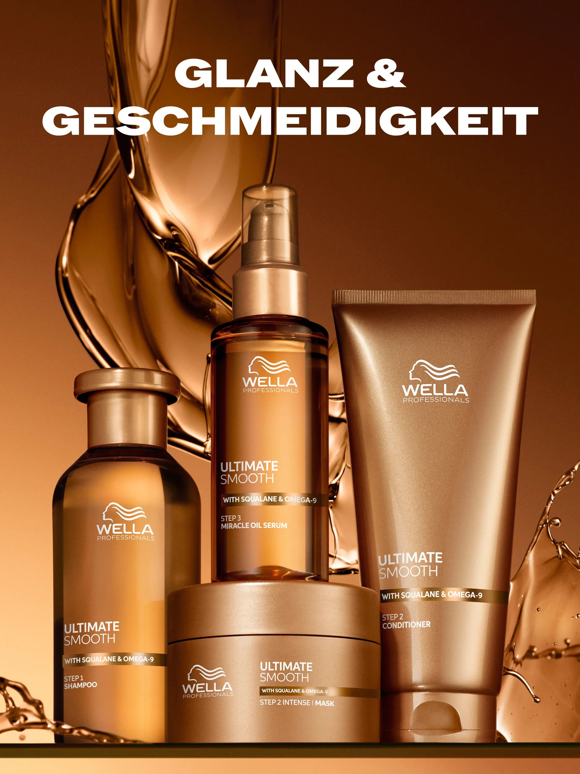 Wella Ultimate Smooth shampoo, conditioner, oil serum, and mask product shot.
