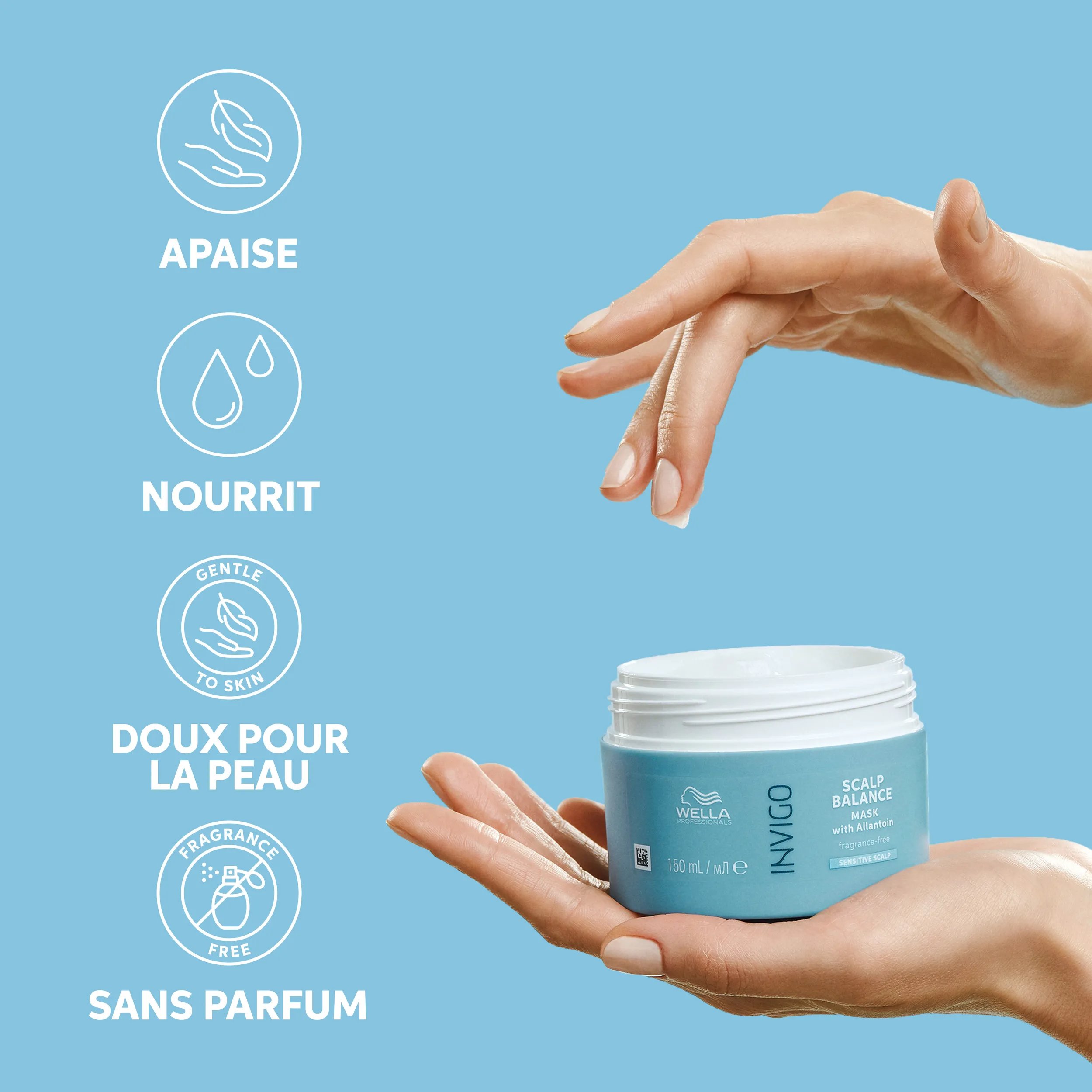 Pack du masque Invigo Senso Calm avec un texte mettant en avant ses bienfaits : apaisant, nourrissant, doux pour la peau, sans parfum.

