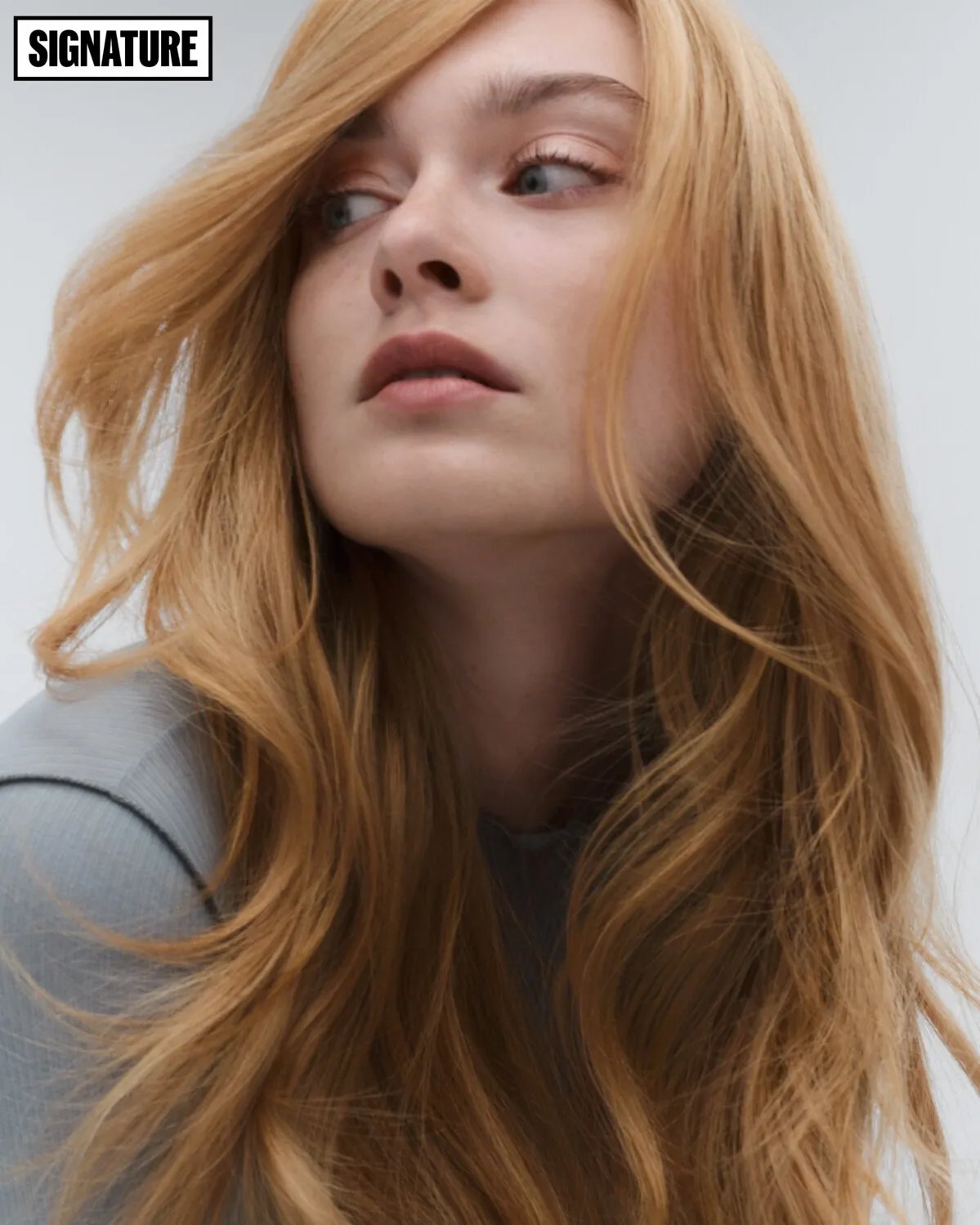 Close-up image of a model with copper-blonde hair looking to the side against a light grey background, with a Signature logo in the top left corner.