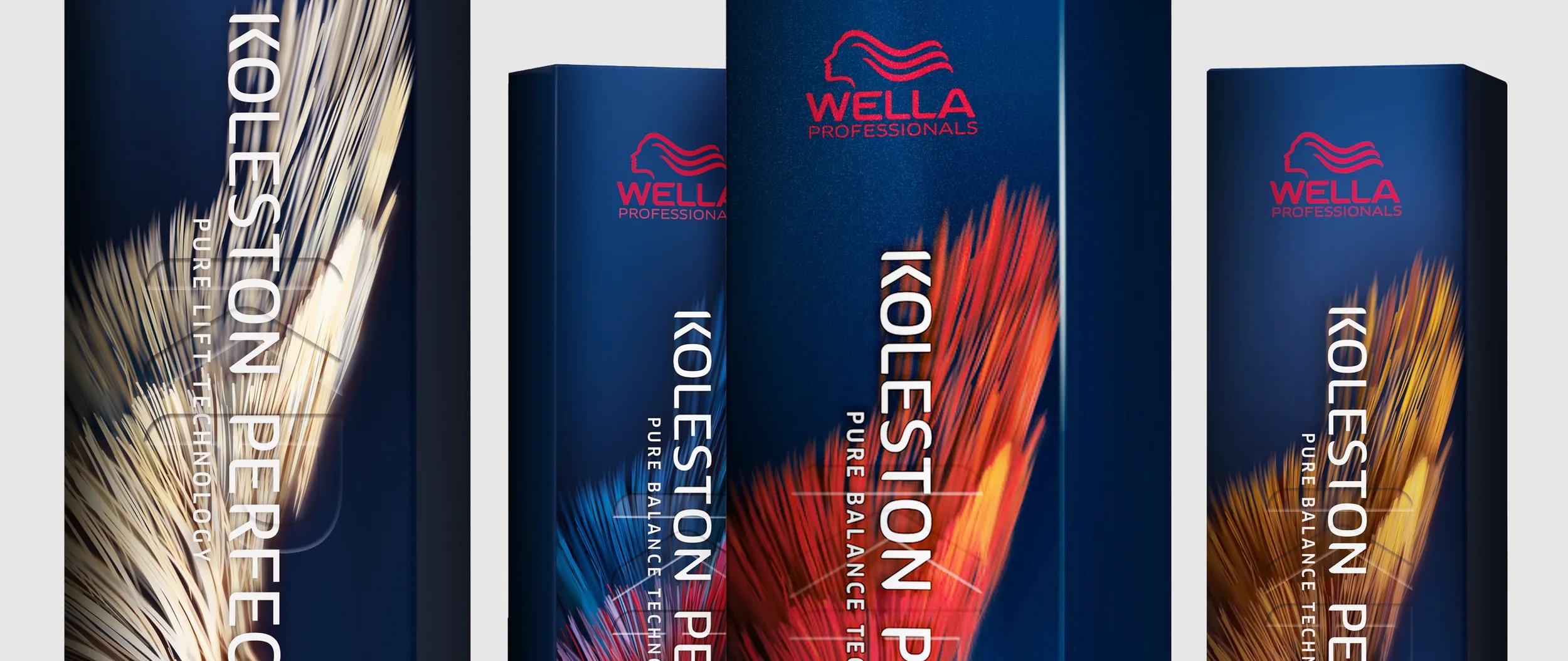 Wella Koleston Perfect hair color boxes featuring gradient color designs on a navy blue background
