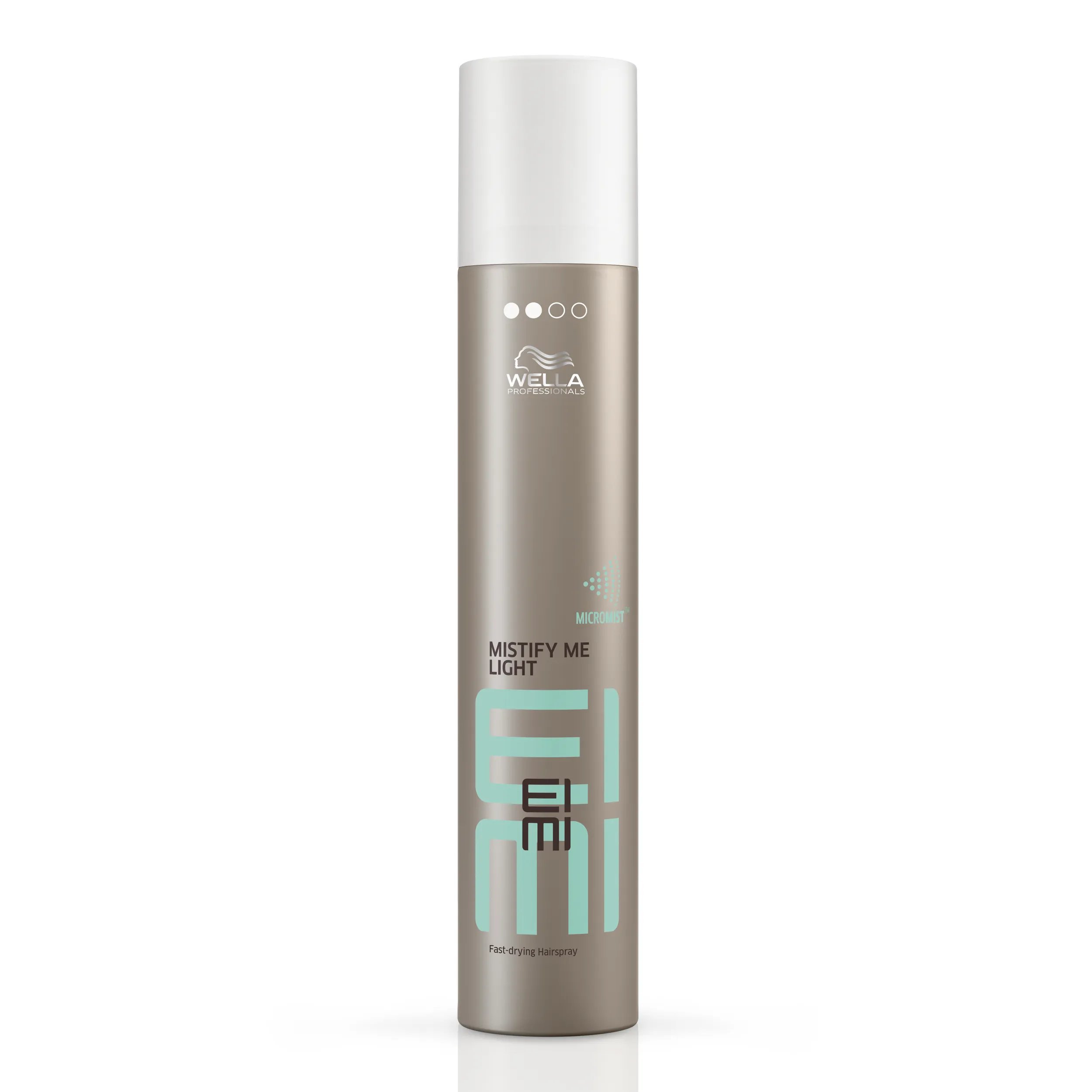Wella EIMI Misitify Me Light packshot - a silver bottle with a white lid and green EIMI logo.