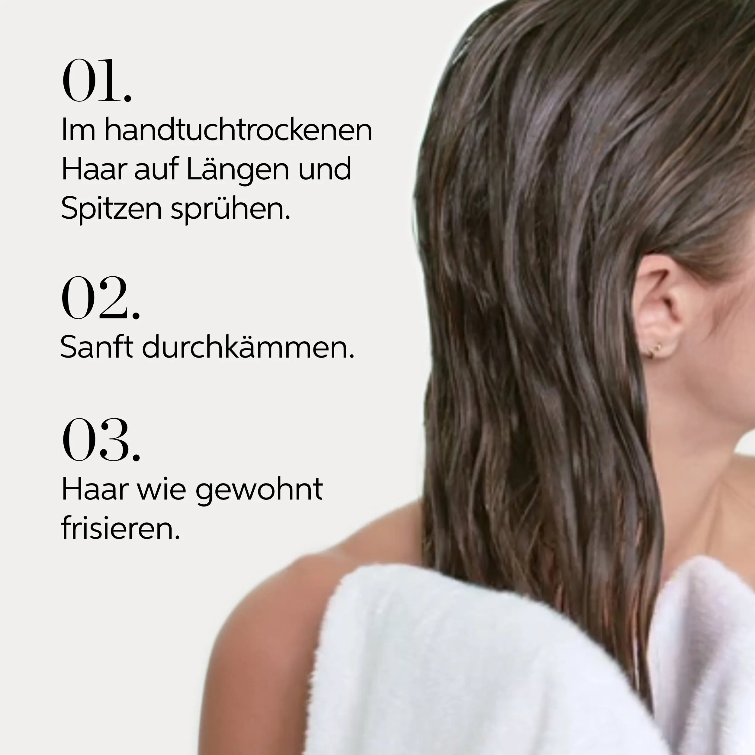 Image showing numbered instructions for applying a hair product. A woman with damp hair is partially visible.