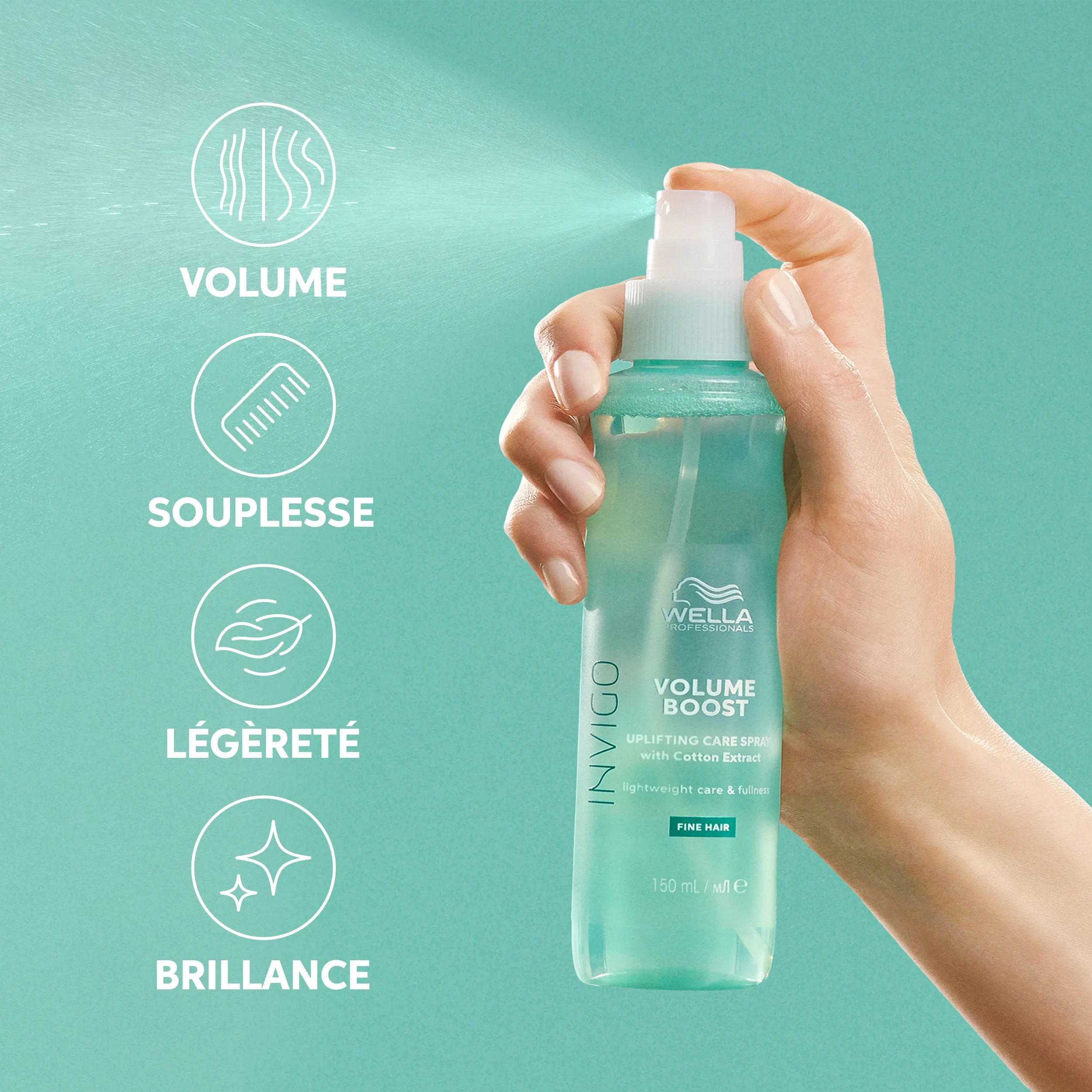Pulvérisation à la main du spray de soin Wella Professionals Invigo Volume Boost, en soulignant les avantages.
