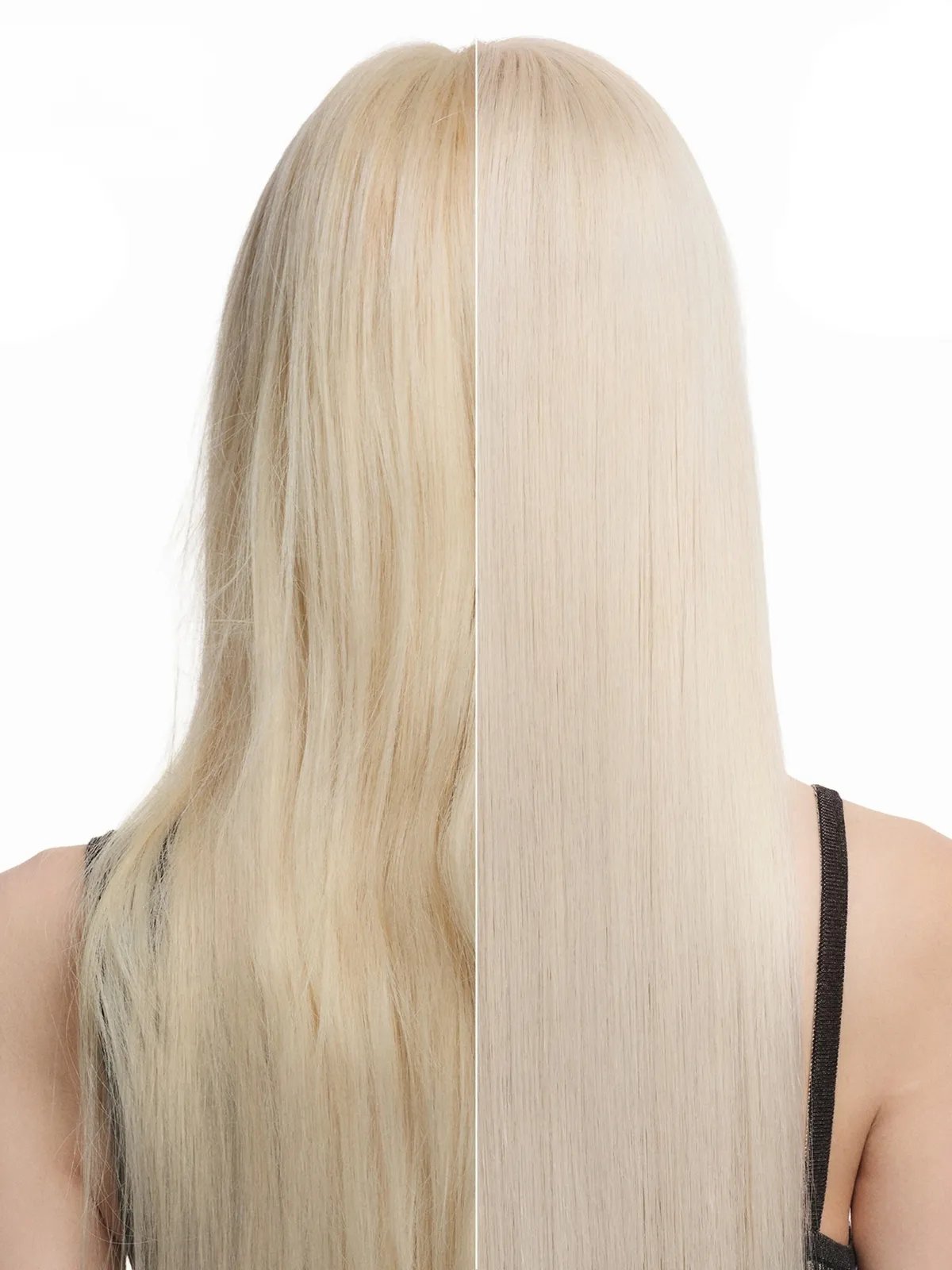 Before and after showing platinum blonde hair looking bright and brass-free after using ULTIMATE COLOR.