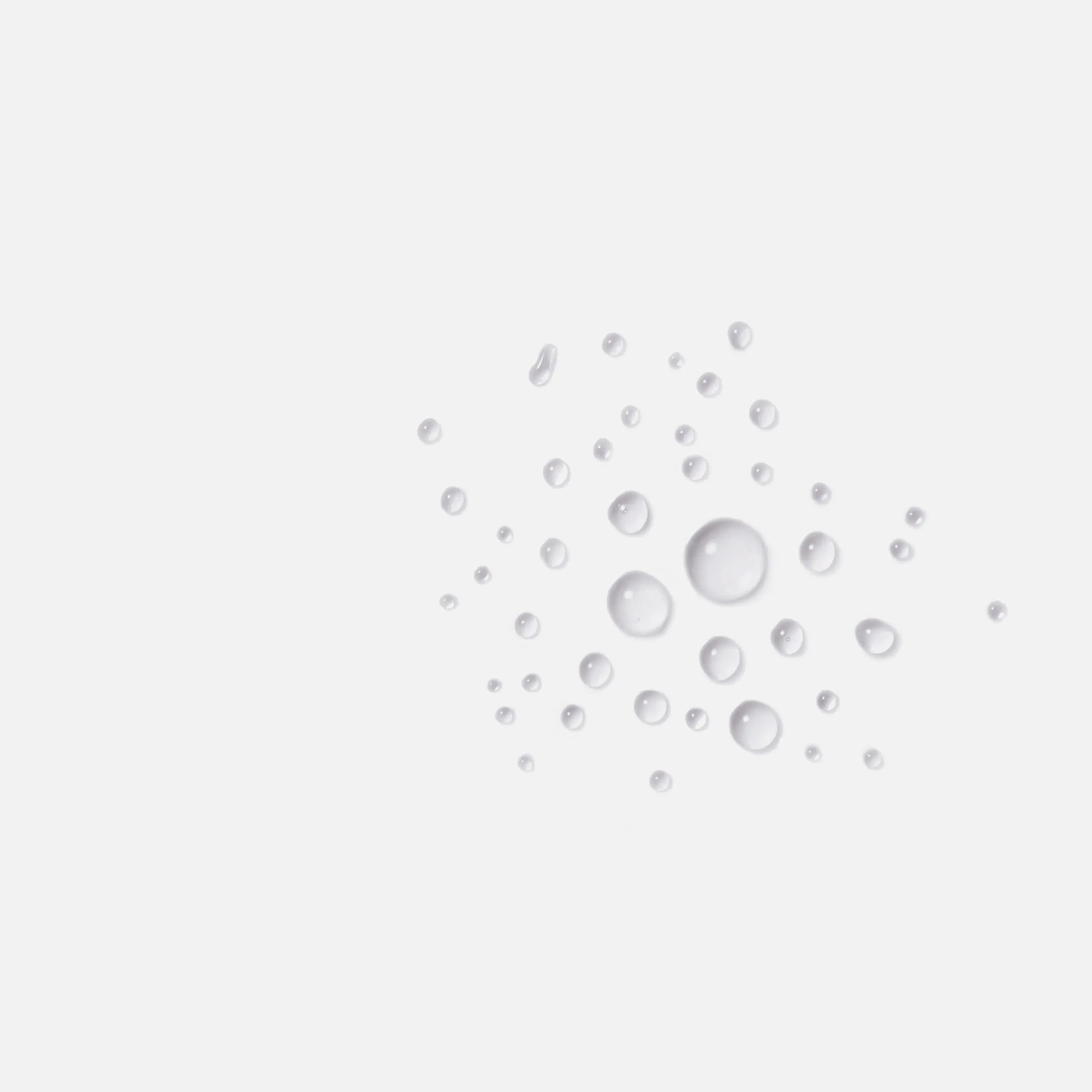 A cluster of water droplets on a white background.