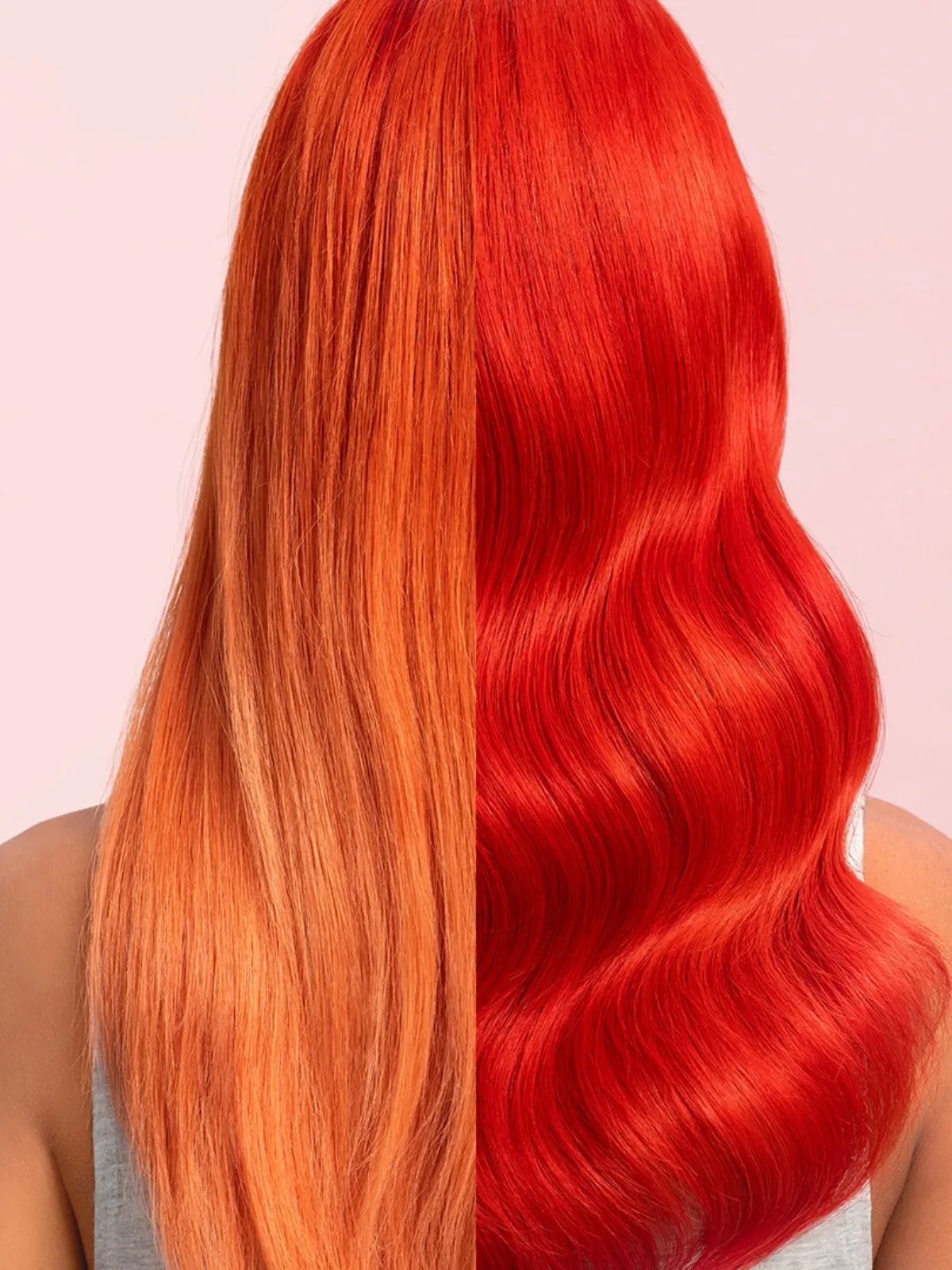 Before and after showing model’s faded orange hair appear bold and fiery after using Color Fresh Mask in Red.